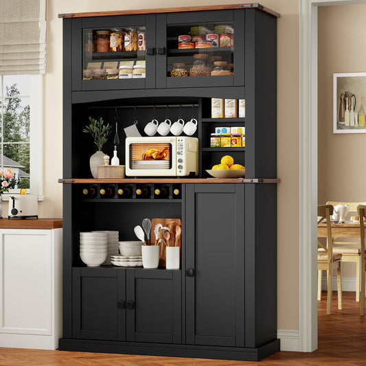 Einhomn 71" Tall Kitchen Pantry Cabinet with Charge Station, 3 Adjustable Shelves, Wine Rack and Glass Door, Kitchen Hutch for Dining Room, Kitchen and Living Room, Black