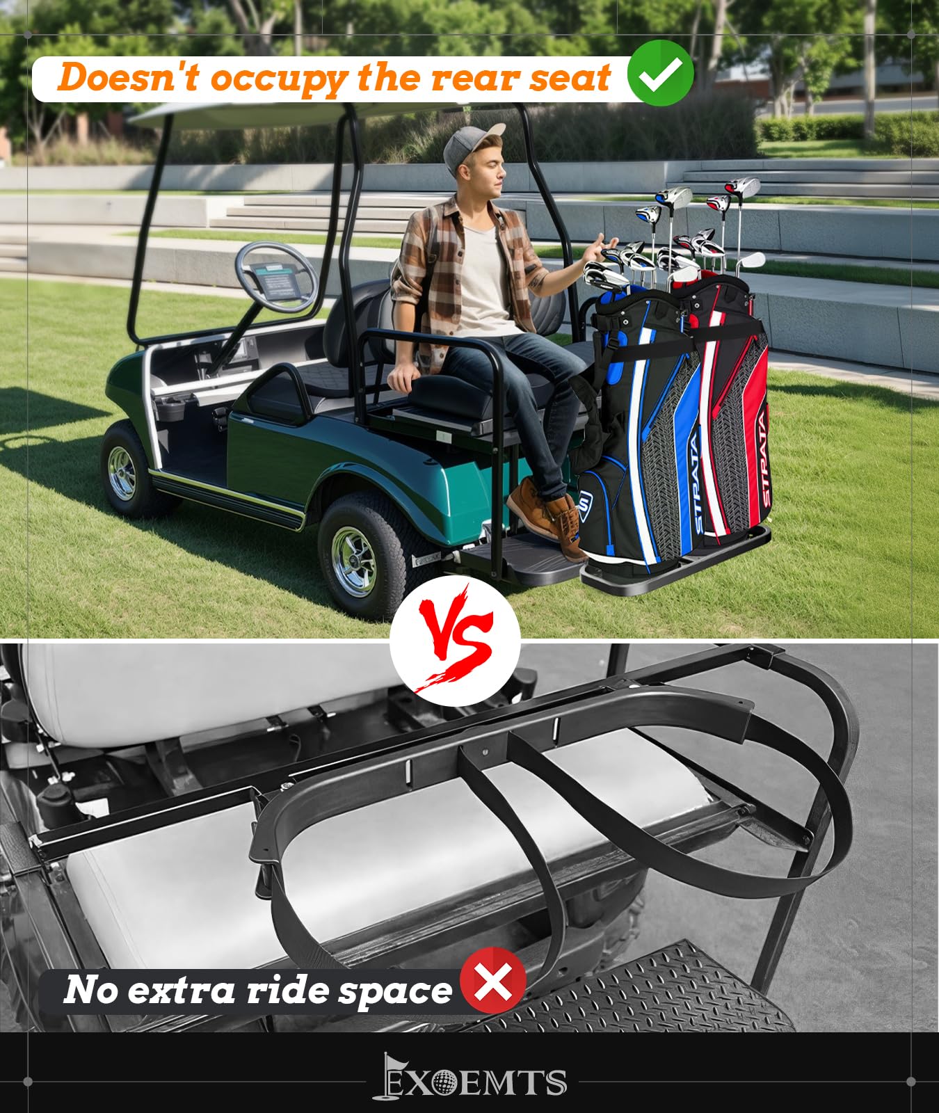 EXOEMTS Foldable Golf Cart Rear Seat Bag Holder, Upgraded Golf Cart Rear Seat Bag Rack ONLY FITS 8-Inch Max Width Grab Bar, for 4-Seater EZGO Club Car Yamaha, Preinstalled, Space-Saving, No-Drill