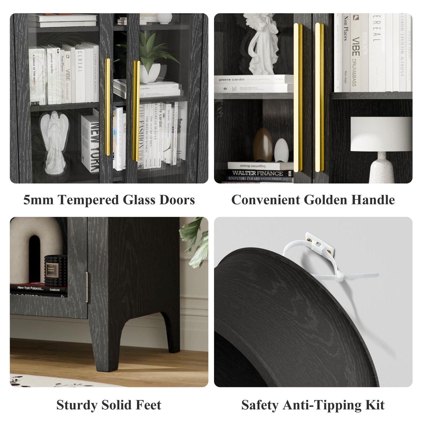 TRUNBACK 63" Tall Arched Display Cabinet with Glass Doors, Modern 5-Tier Curio Cabinet with Adjustable Shelves for Living Room, High Load Capacity Wood Arched Bookshelf Pantry Cabinet, Black