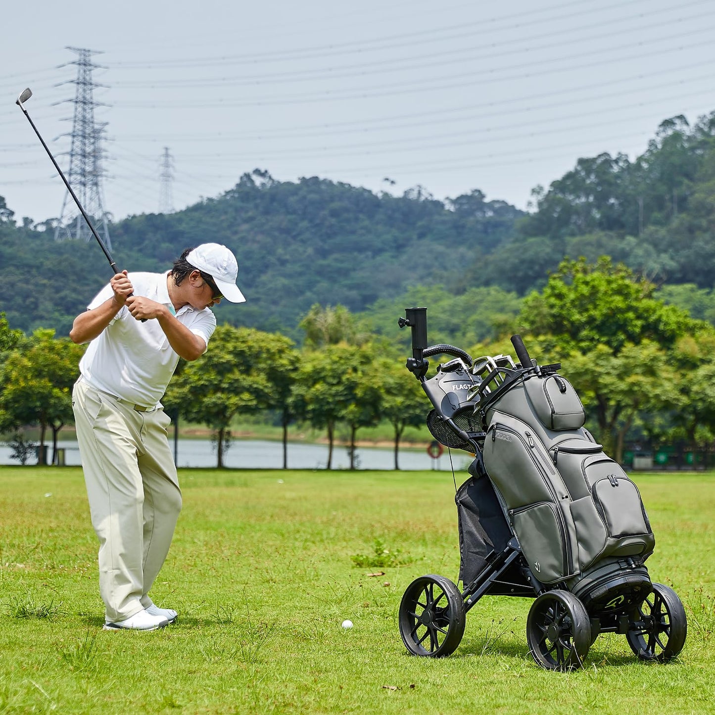 FLAGTAG Golf Push Cart 4 Wheels,Folding Golf Cart, Golf Pull cart with Cup Holder,Umbrella Holder,Cooler Bag, Foldable with one-Click,Handle Height Adjustable,Drink Holder,Walking Push cart