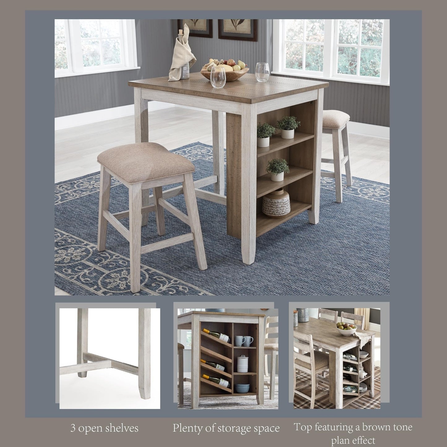 Signature Design by Ashley Skempton 3 Piece Counter Height Dining Set, Includes Table and 2 Barstools, Cushioned Seats, Wood, Whitewash