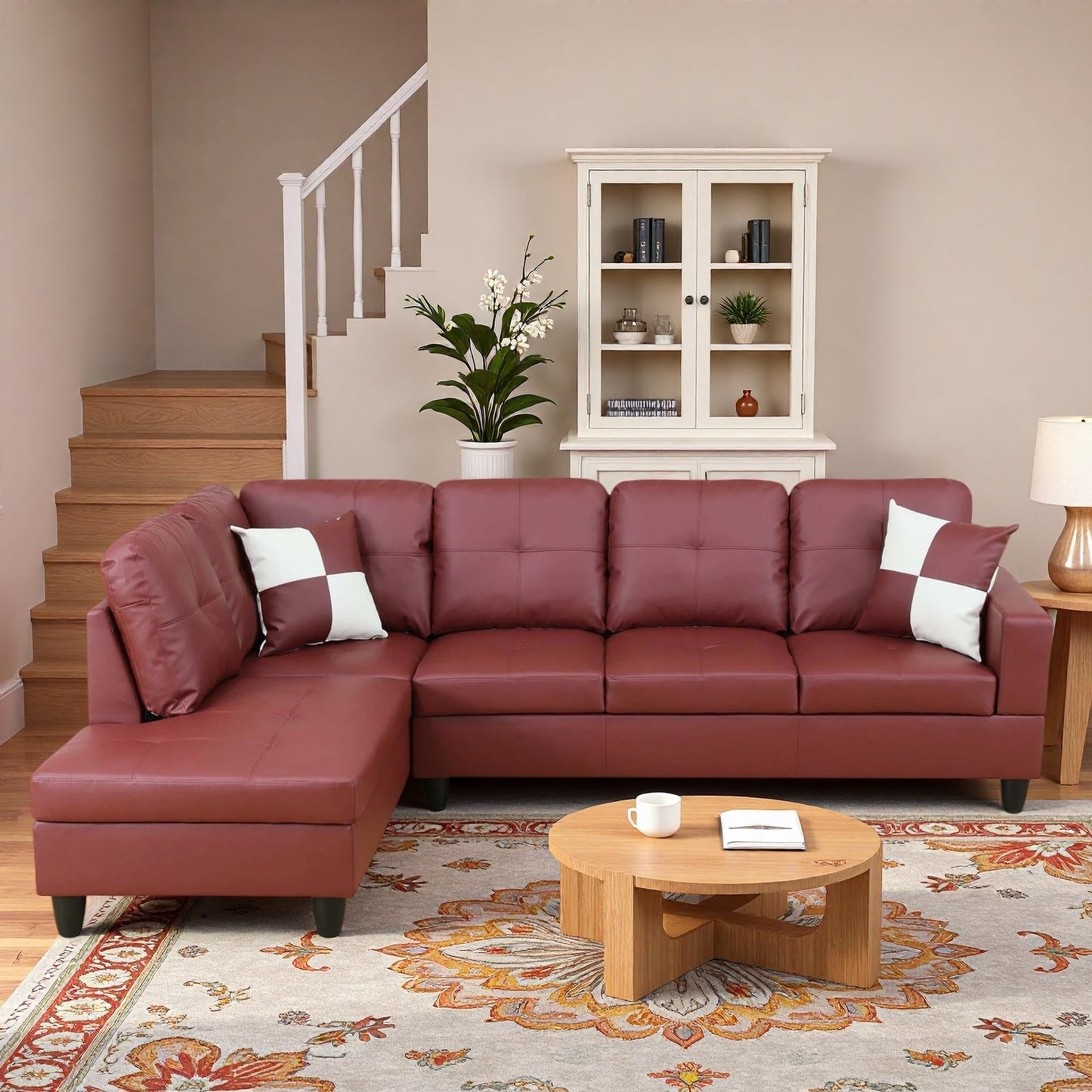 Trygoal L-Shaped Sectional Sofa, Modern 4-Seat Couch with Left Facing Chaise, Leather Sectional Couch for Living Room, Apartment, Office, Dark Red