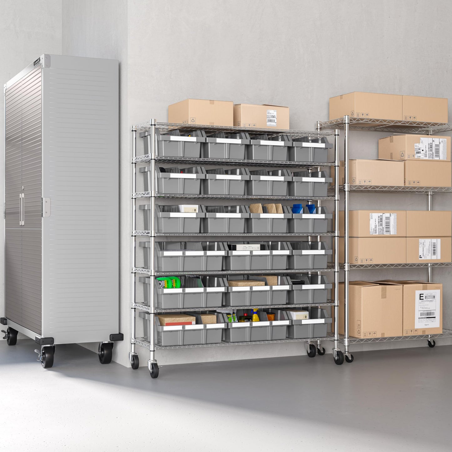 7-Tier NSF 21-Bin Steel Wire Shelving Rack, 48"W x 14"D x 56"H, Gray