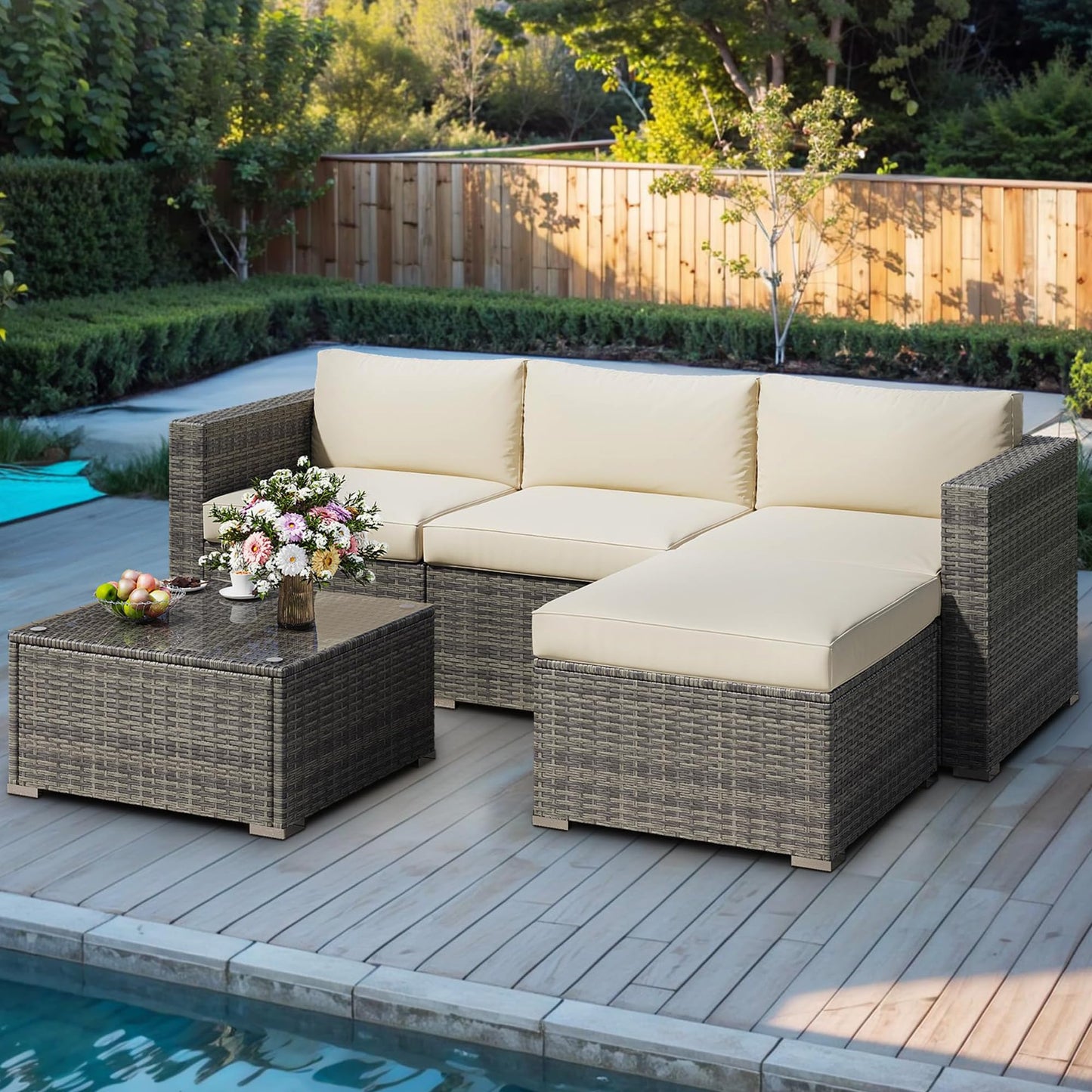 5 Pieces Outdoor Patio Furniture Set, Patio Sectional Furniture Set, All-Weather Wicker Rattan Patio Conversation Set with Washable Thick Cushions and Coffee Table, Outdoor Patio Sofa Couch Set, Beige