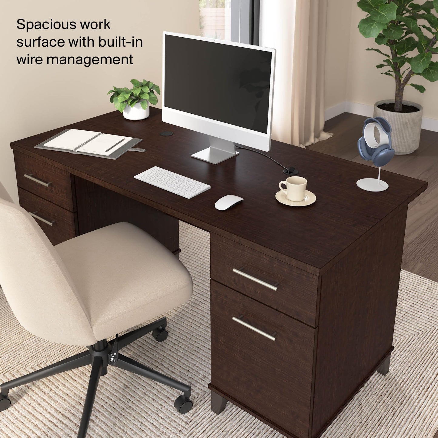 Bush Home 60-Inch Office Desk with Drawers, Computer Desk with File and Box Drawers, Home Office Workstation with Storage Cabinet, Writing Desk Furniture, Somerset Collection, Mocha Cherry