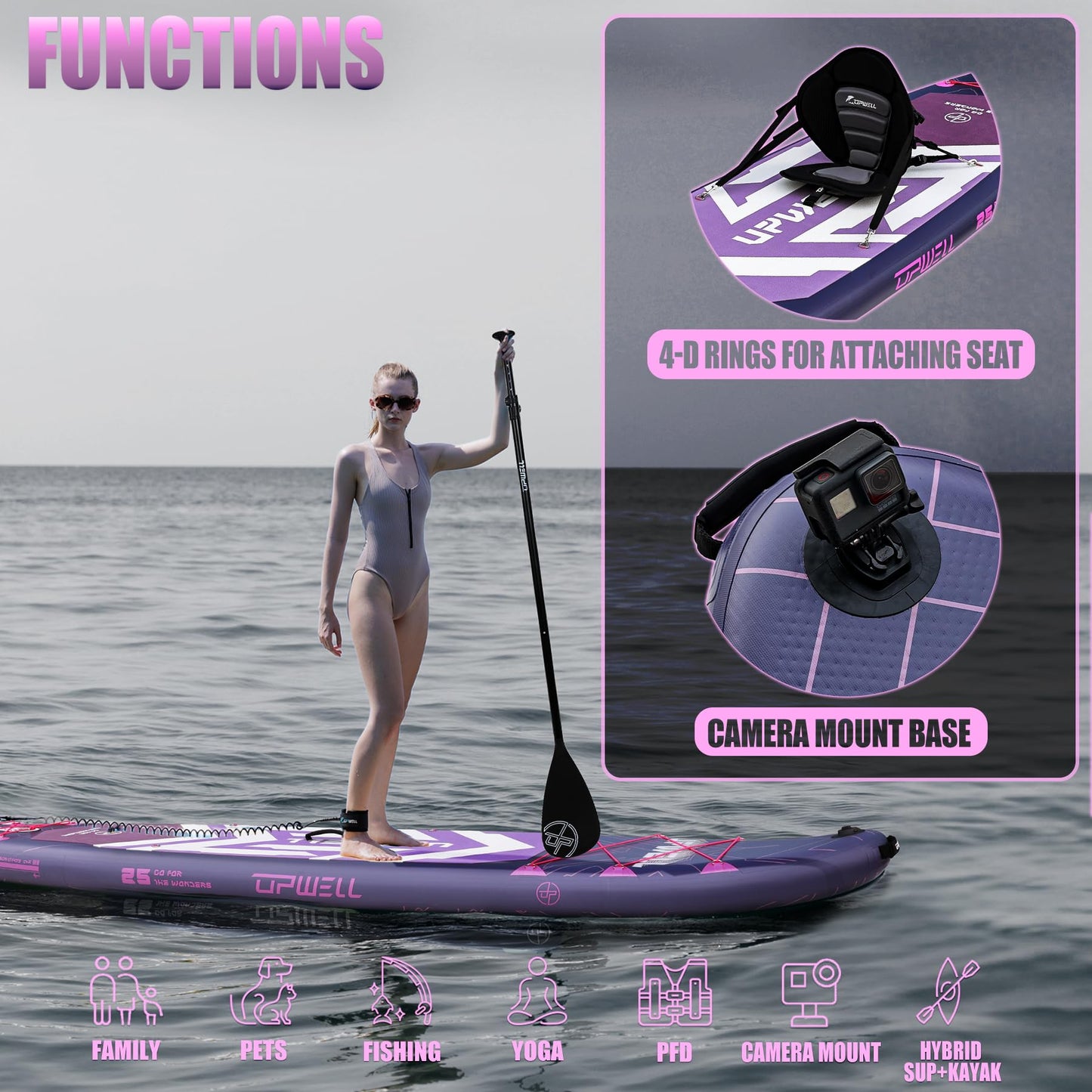 UPWELL 11'6"×35" Extra Wide Inflatable Paddle Board, Stand Up Paddle Board with Kayak Seat, Sup Paddle Boards for Adults, Chipmech Purple