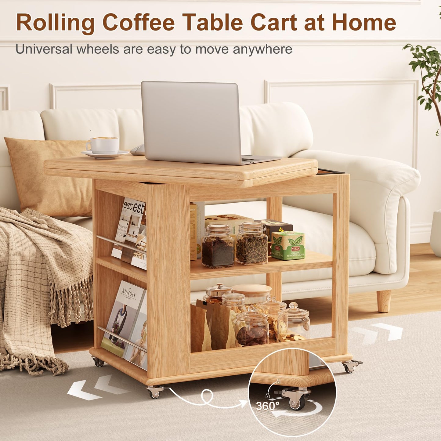 YQJJGL Expandable Coffee Table with Hidden Storage and Wheels, Convertible Wood Center Table with 2-Tier Adjustable Shelves, Rolling Coffee Table for Living Room, Small Spaces,Natural