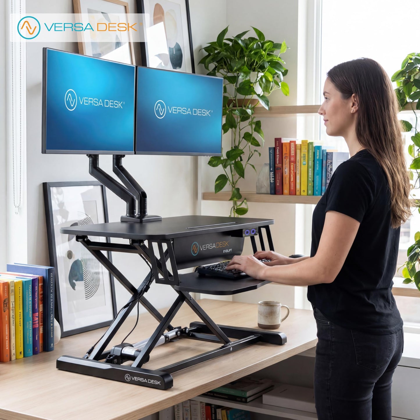 VERSADESK EvoLift 40" Electric Standing Desk Converter, Sit to Stand Motorized Desk Riser, 1-Button Easy Lift, Dual Monitor Workstation, Wide Keyboard Tray, Built-in Device Stand, Black