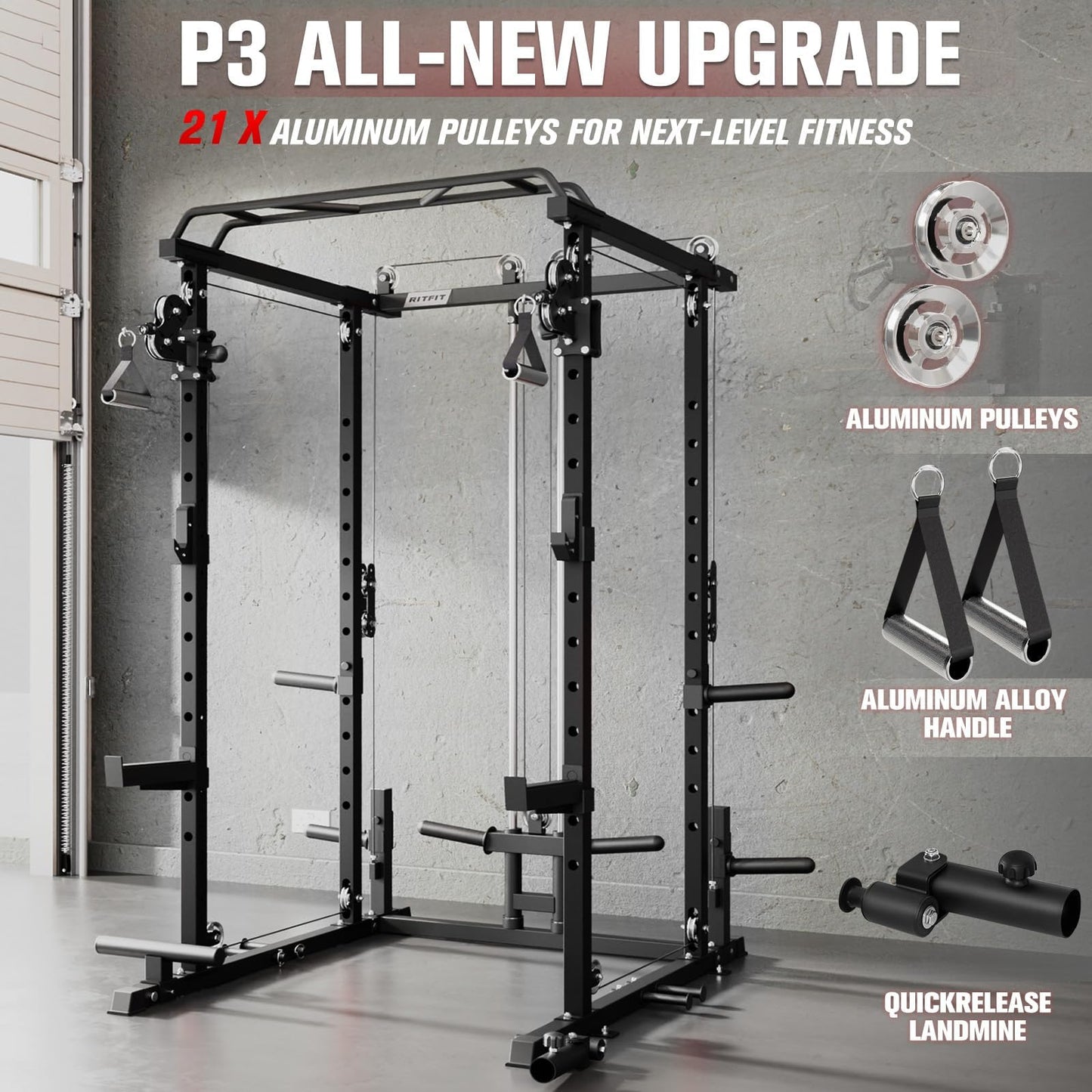 RitFit Multi-Function Garage & Home Gym Package Includes 1200LBS Power Cage PPC-P3 with Cable Crossover System, Weight Bench, Olympic Barbell Weight Set, Full Body Workout-BLK,Bumper Plate 140lbs