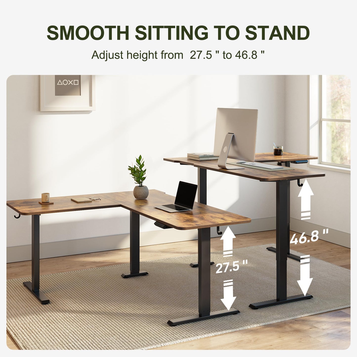 BANTI L-Shaped Standing Desk - 63 x 55 Inch Adjustable Corner Standing Desk with Charging Station - L Shape Sit Stand Table with Memory Controller, Splice Board for Home Office, Rustic Brown