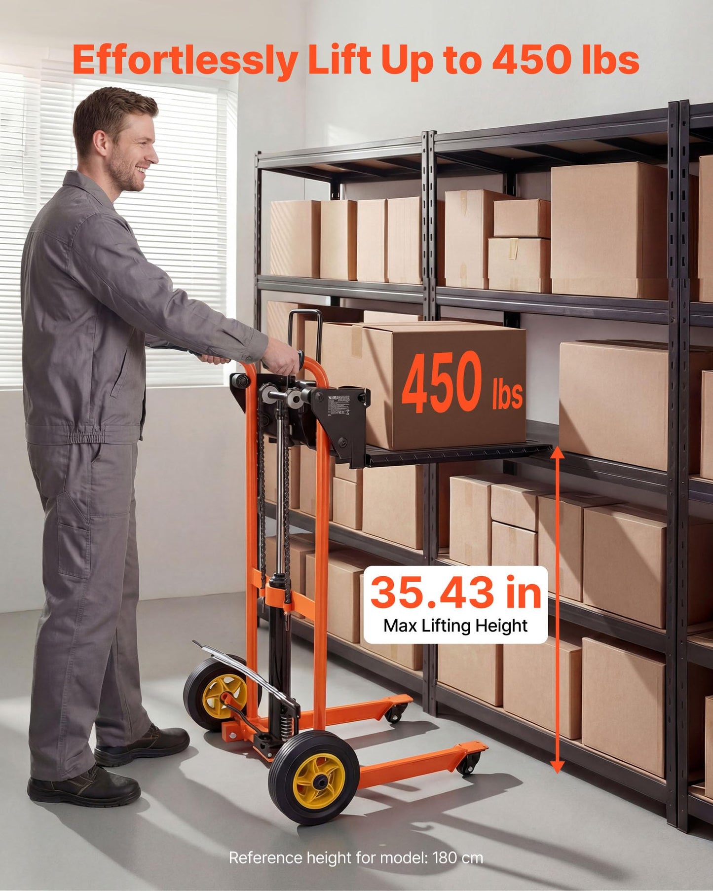 VEVOR Hydraulic Material Lift Winch Stacker, 450 lbs Load Capacity, 35.4'' Max Lifting Height, Pallet Truck Dolly with Fork Lift Table, Foldable & Portable Pallet Jack Table Cart, Orange & Black