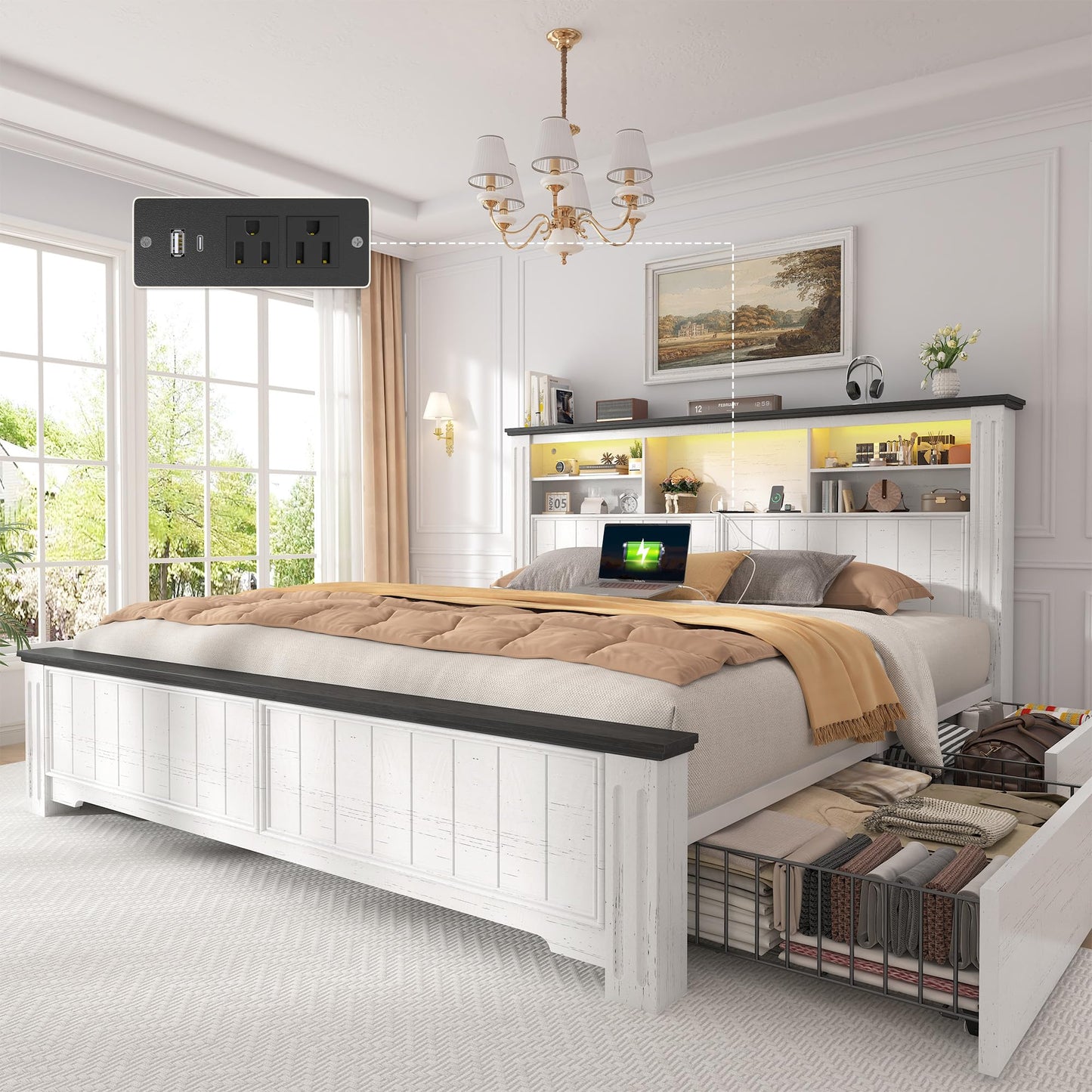 EnHomee Queen Bed Frame with Headboard, and 4 Storage Drawers, LED Lights & Charging Ports,No Box Spring Needed for Apartment,Noise-Free,Wooden, White