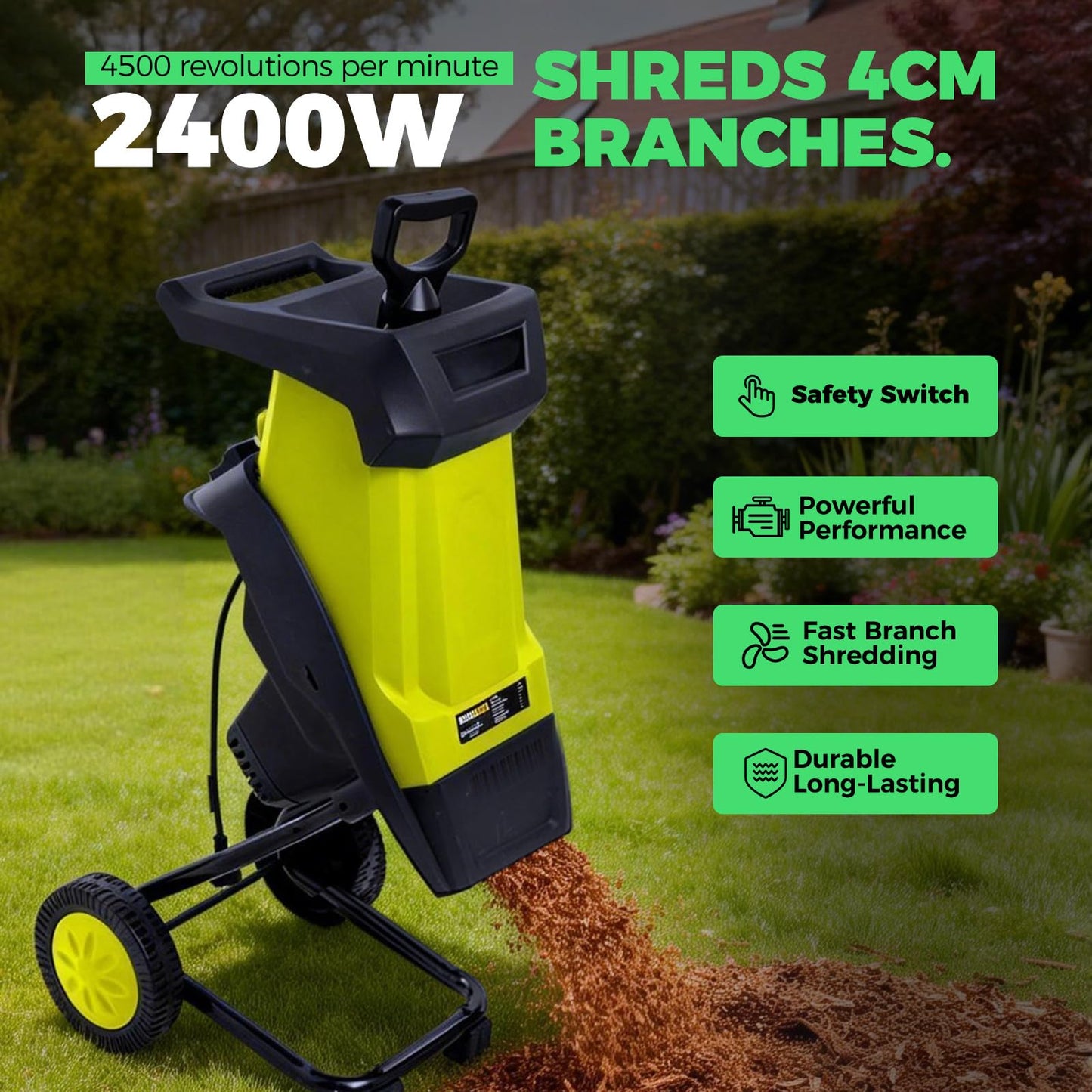ZHDANB Electric Shredder mulcher, Mulching Machine, 50L Collection Bag, 40mm/1,57in Branch Chipper, Wood Chipper for Compost, for Processing Branches, Sticks & Yard Waste Yellow