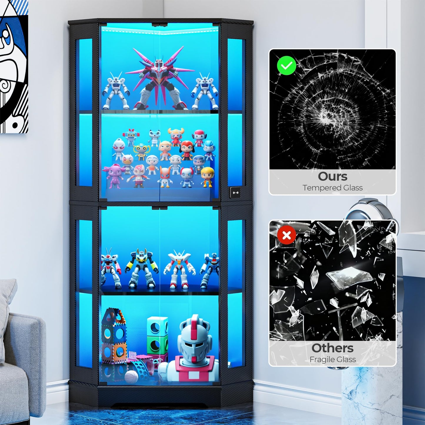 IRONCK 71" Carbon Fiber Corner Glass Display Cabinet, RGB LED Lights with Remote & APP Control, Human Body Sensor, 4-Tier Tempered Glass Display Case with 2 Adjustable Shelves for Collectibles, Black
