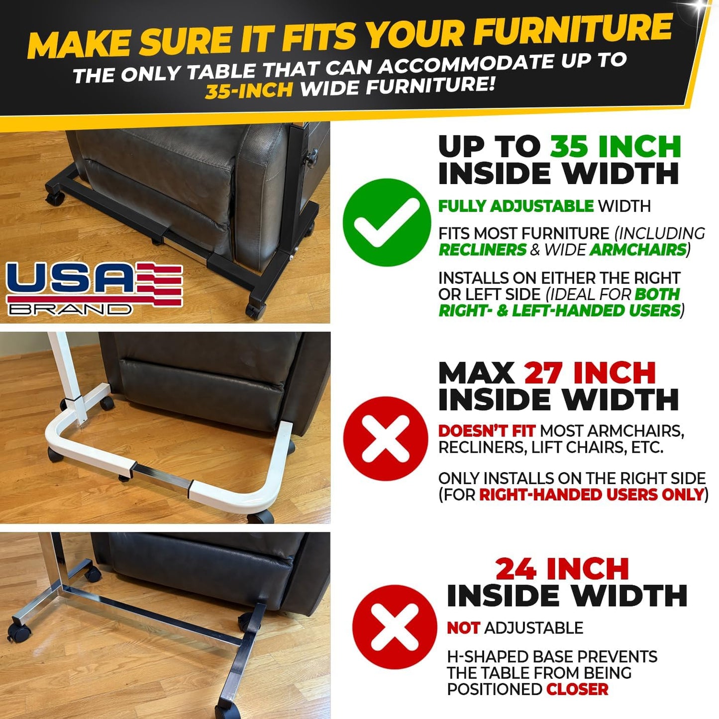 Sigmade Recliner Table, Over the Bed Table with Wheels, Adjustable Width & Height, with Split Tilt Design & 4 Caster Wheels with Brakes (Black Oak Tabletop, Black Base)