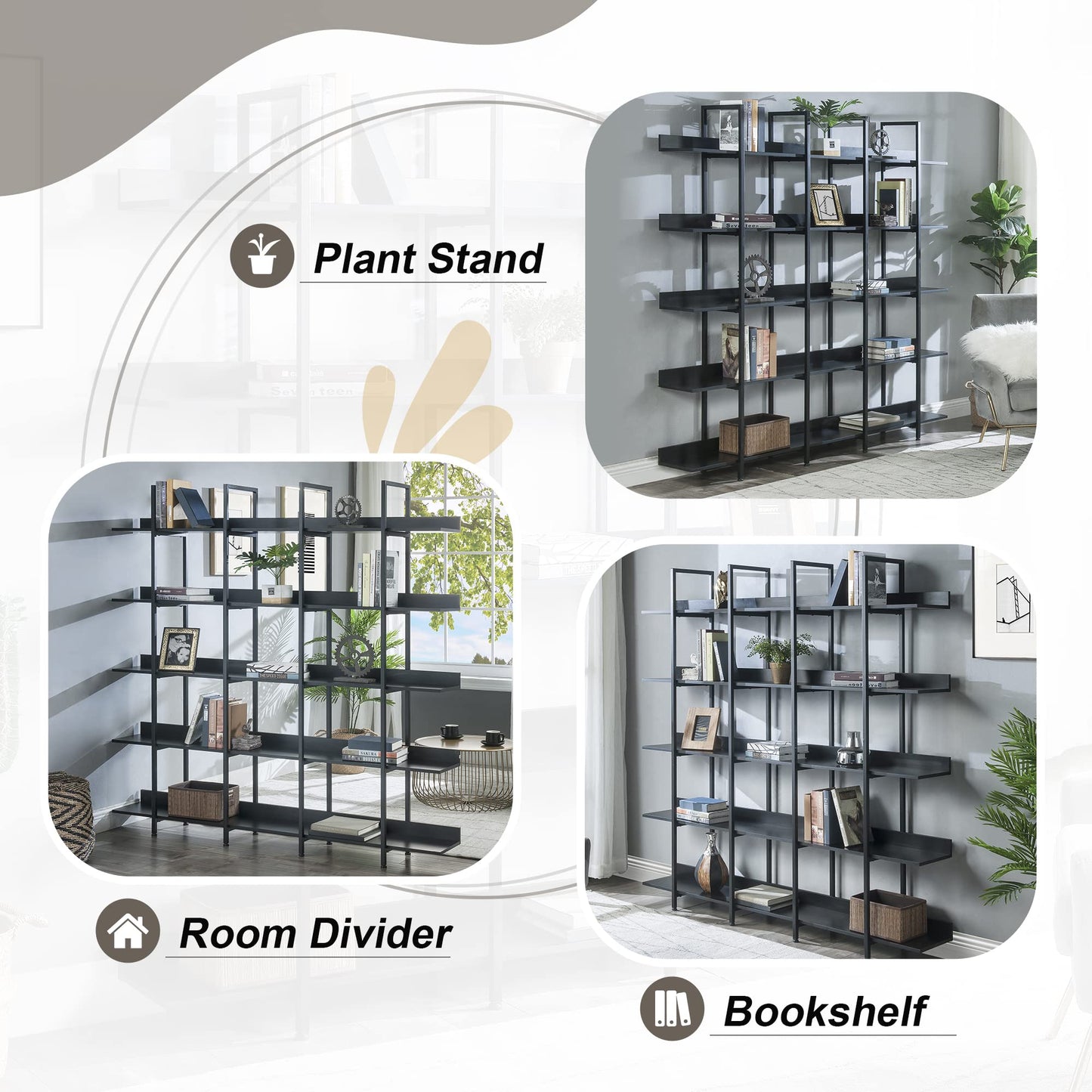 5-Shelf Bookcase, Large Open Bookshelf Modern Industrial Style, Open Display Shelves with Metal Frame for Living Room, Black
