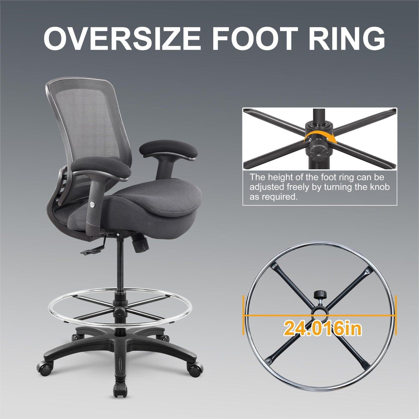 WITTLONG 400lbs Office Drafting Chair Wide Dual Seat Cushion for High Standing Desk with Lumbar Support and Enlarged Adjustable Footrest-Black