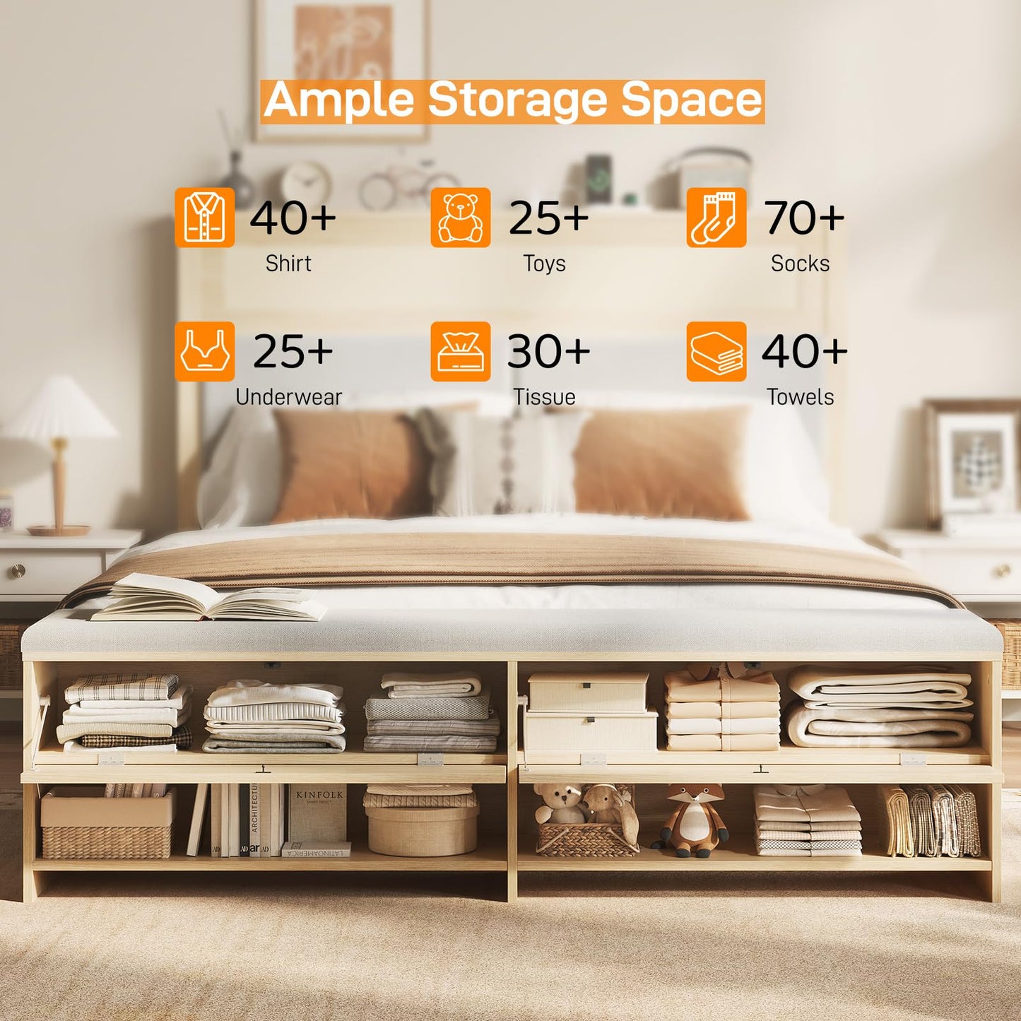 VINGLI King Size Rattan Bed Frame with Bench and Headboard,Large Boho Bed with Storage and Footboard Cabinet,Wood Platform Bed wirh Shelves,No Box Spring Needed, Natural Wood