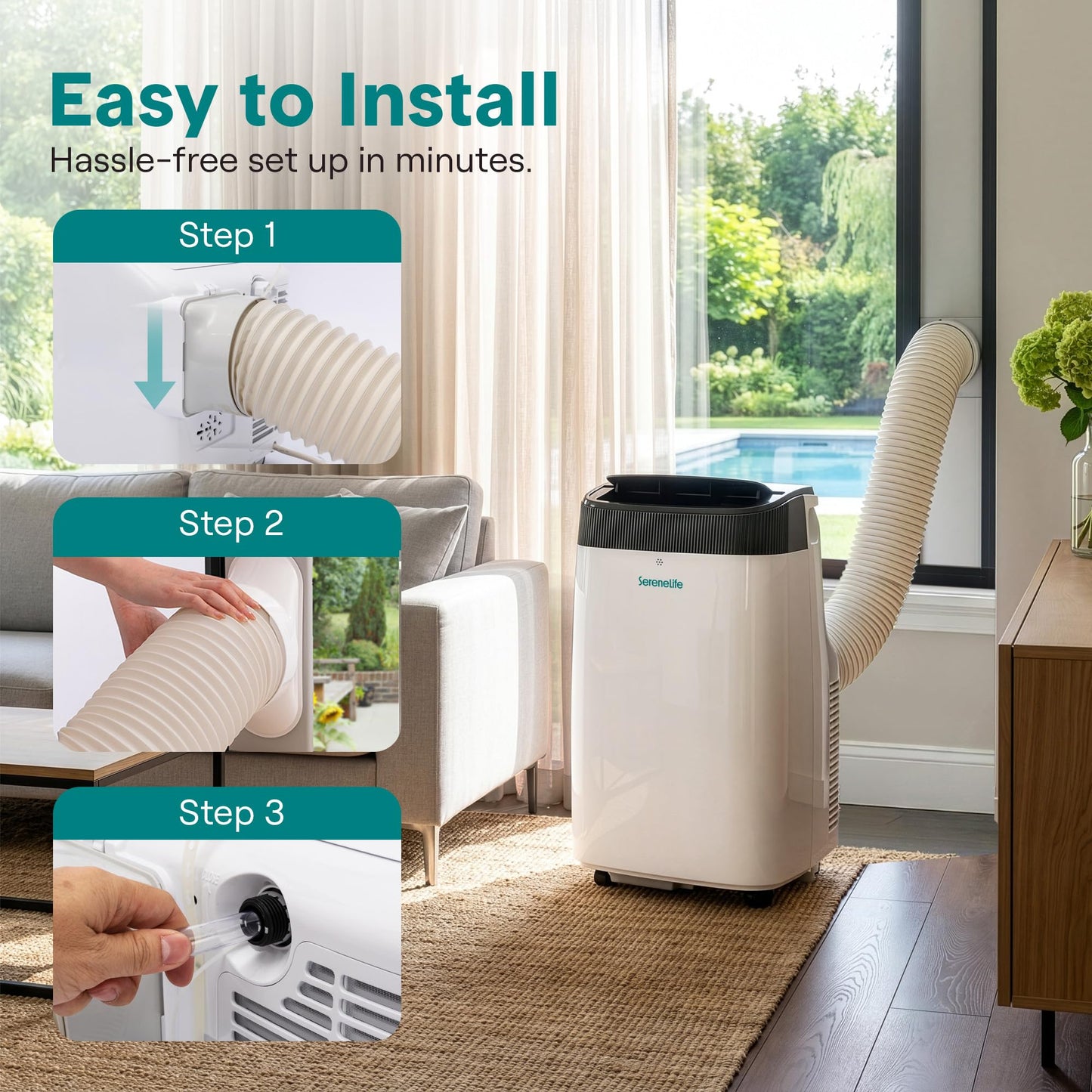 SereneLife Small Air Conditioner Portable 10,000 BTU with Built-in Dehumidifier - Portable AC unit for rooms up to 450 sq ft - Remote Control, Window Mount Exhaust Kit