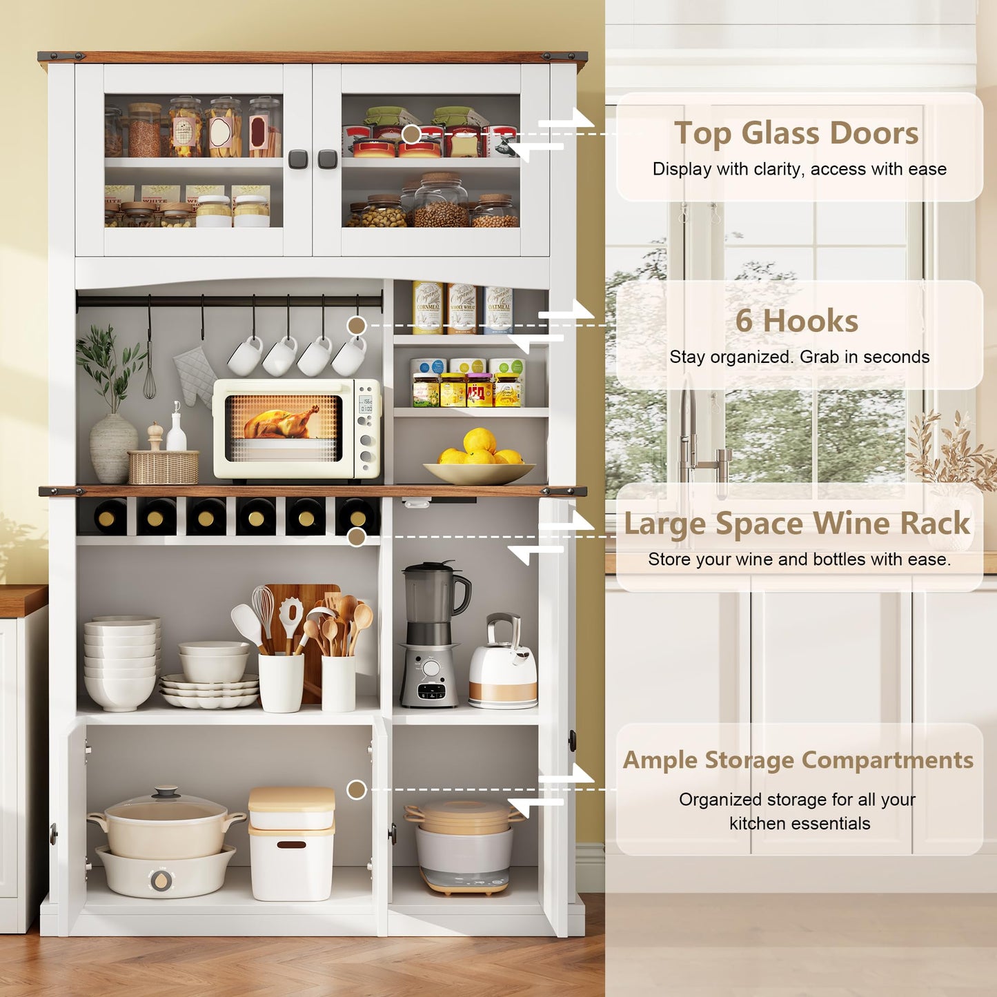 Einhomn 71" Tall Kitchen Pantry Cabinet with Charge Station, 3 Adjustable Shelves, Wine Rack and Glass Door, Kitchen Hutch for Dining Room, Kitchen and Living Room, White