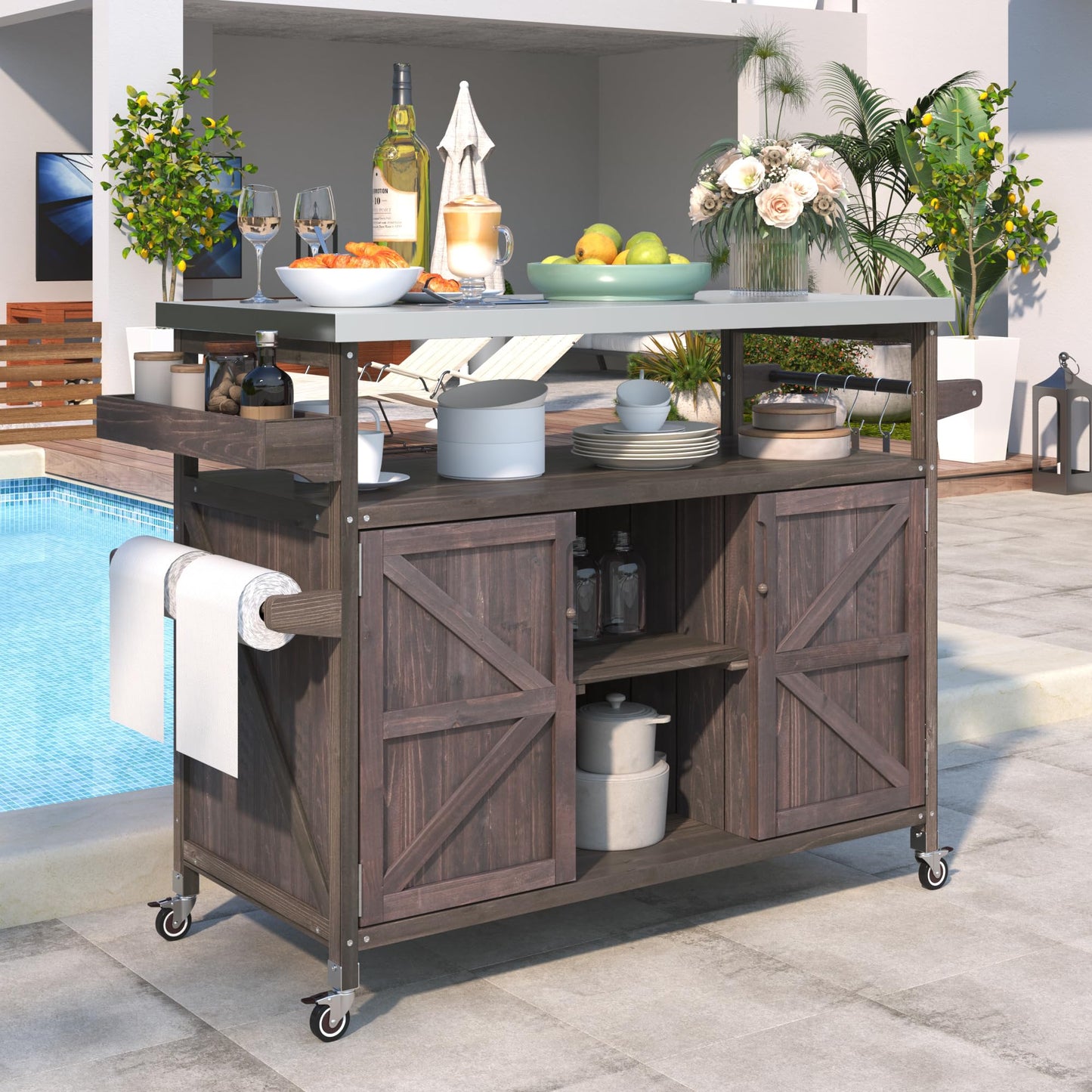 Trygoal Outdoor Grill Cart with Storage, Rolling Bar Cart and Lockable Wheels, Farmhouse Solid Wood Outdoor Grill Table with Stainless Steel Top, Spice Rack, Towel Rack for Kitchen and BBQ, Dark Brown