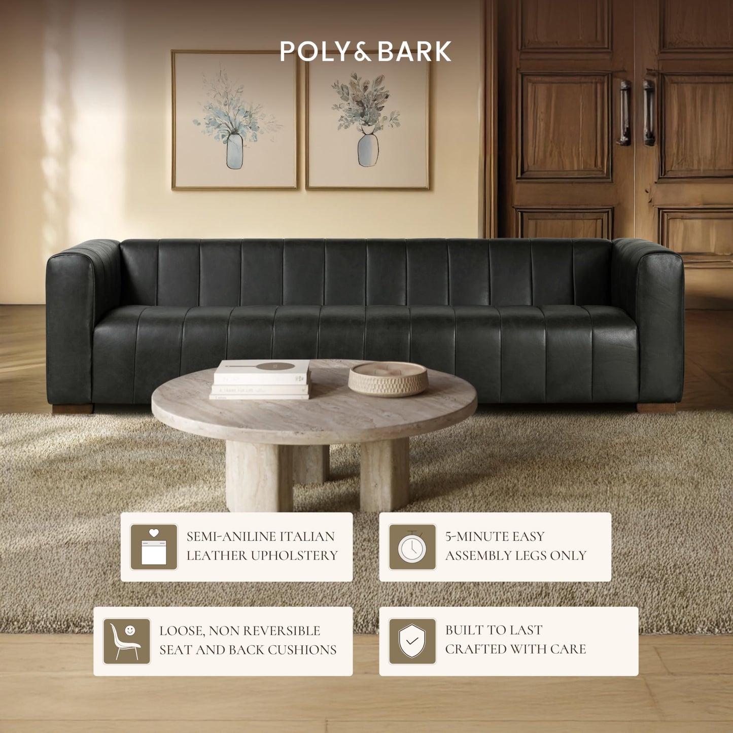 POLY & BARK Canale 99" Sofa in Onyx Black – Modern Living Room Couch with Deep Seating, Plush Cushions, Premium Upholstery, Contemporary Design, and Solid Wood Frame