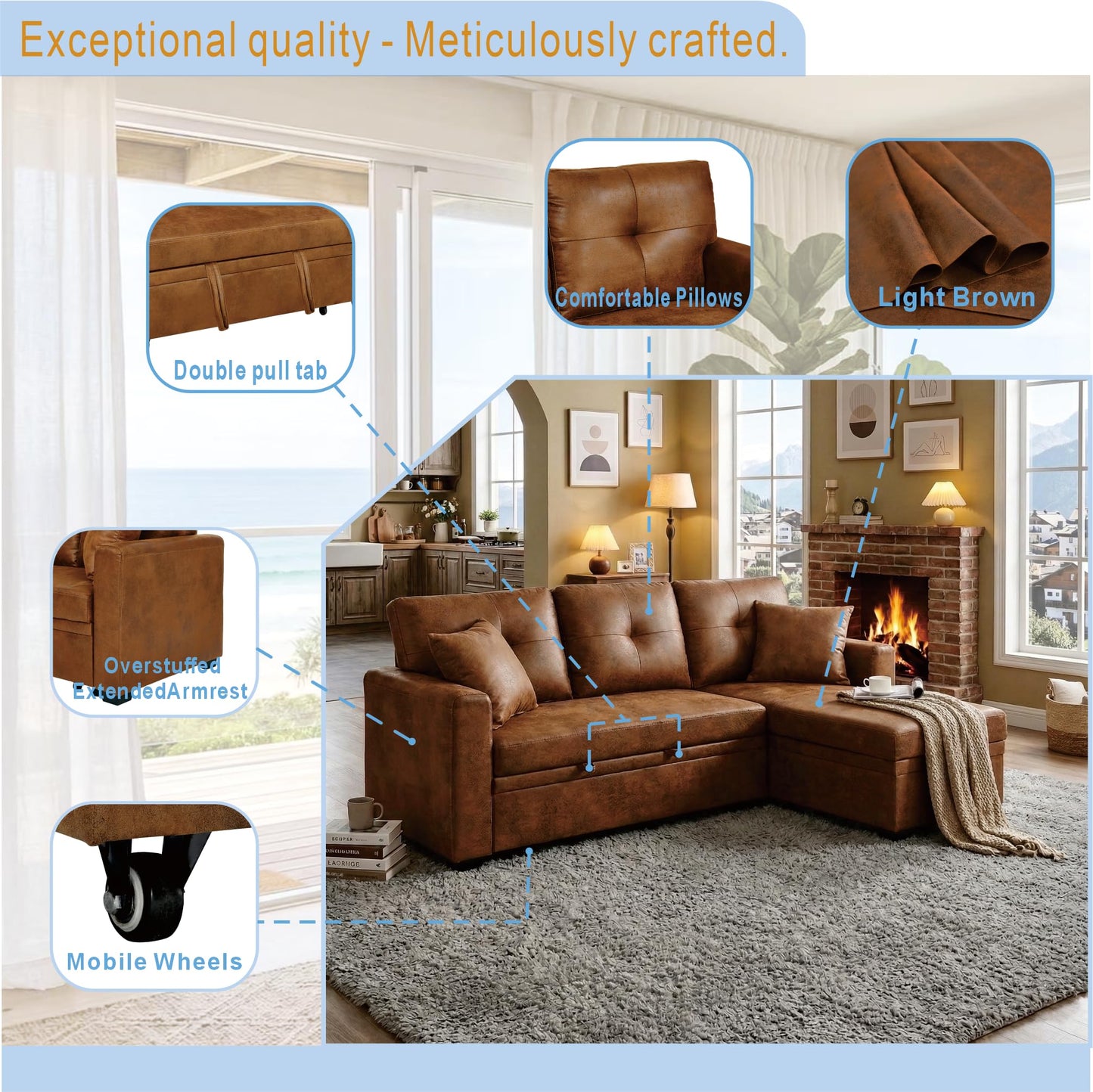 Eafurn Faux Leather Tufted Convertible Sleeper Sectional Sofa Bed, 3 Seater L Shaped Reversible Pull Out Sectional Couch Bed with Chaise Lounge and Storage for Living Room Corner