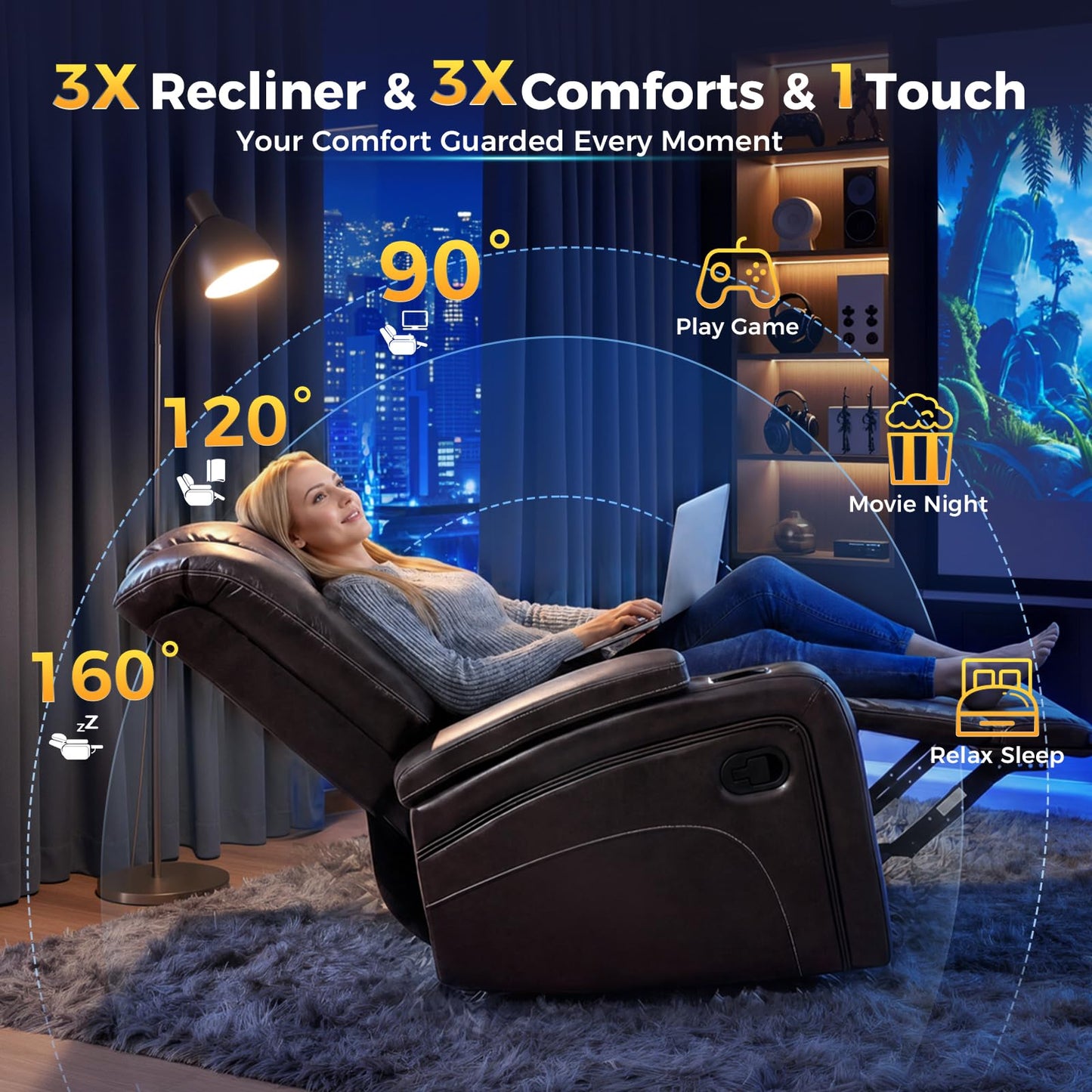 Oversized Recliner Chair, 3X Manual Recliner Single Home Theater Seating Sofa, RV Recliner Chair with Hidden Armrest Storage, Reclining Chair with 2 Cup Holders for Living Room (Brown, Microfiber)