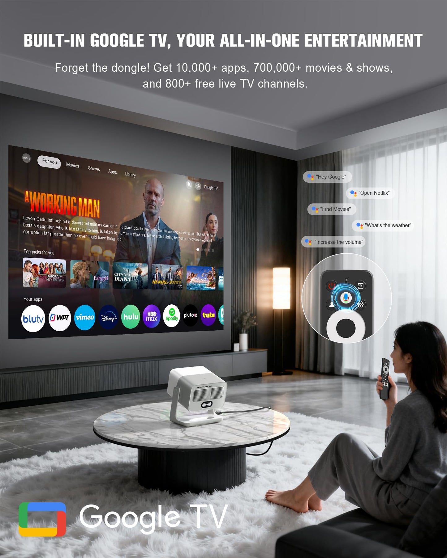 【3000 ANSI Official Licensed Google TV】Smart 4K Projector with WiFi and Bluetooth, VOPLLS Outdoor Projectors with Dolby/Auto Focus, Portable Movie Phone Wireless Gaming Wifi Proyector for Bedroom/Home