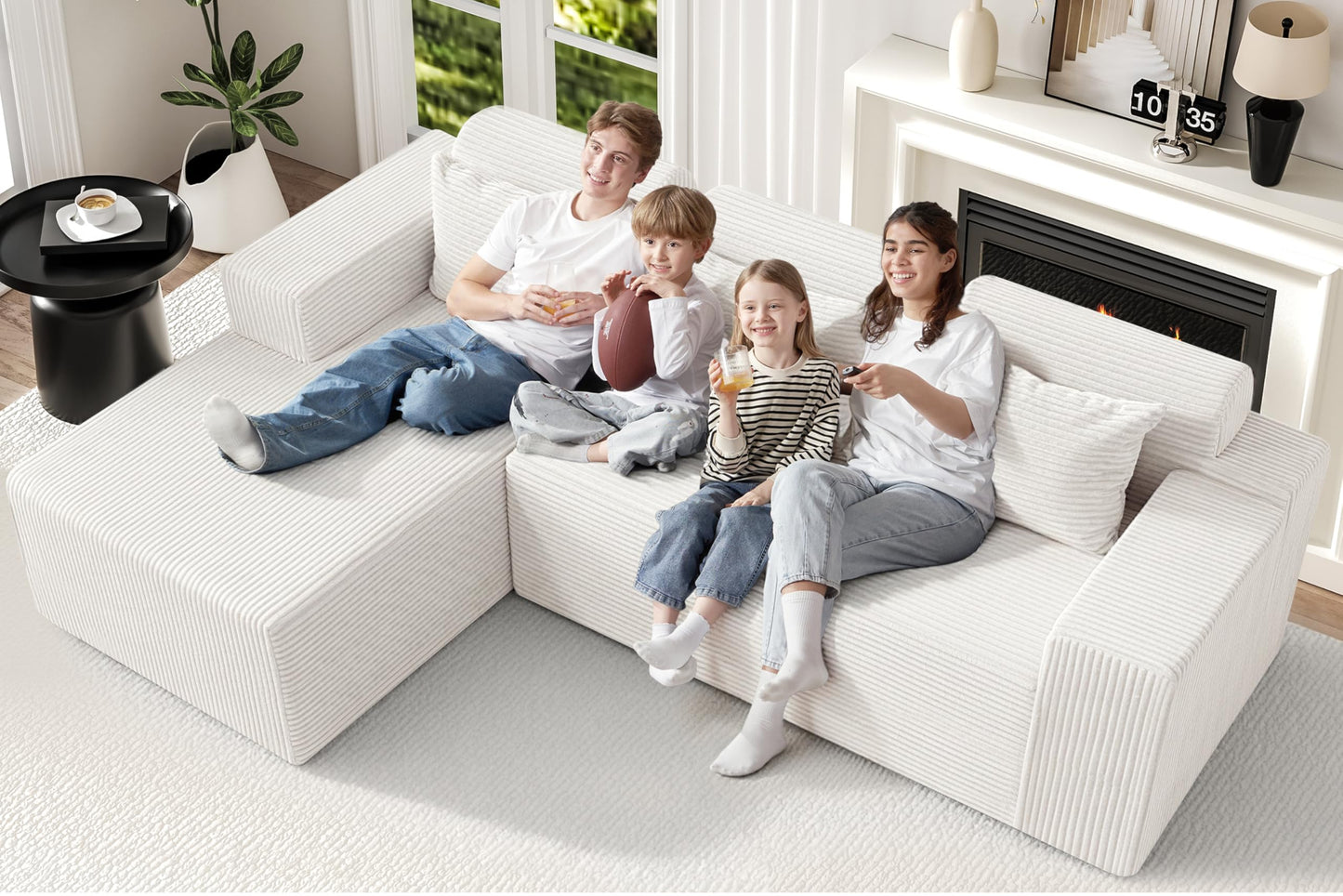 Homguava Modular Sectional Couches for Living Room,105" Cloud Couch with L-Shape Chaise,Comfy Sofa Living Room Sofas with Deep Seat,No Assembly L Couch,Corduroy Fabric(Beige,L)