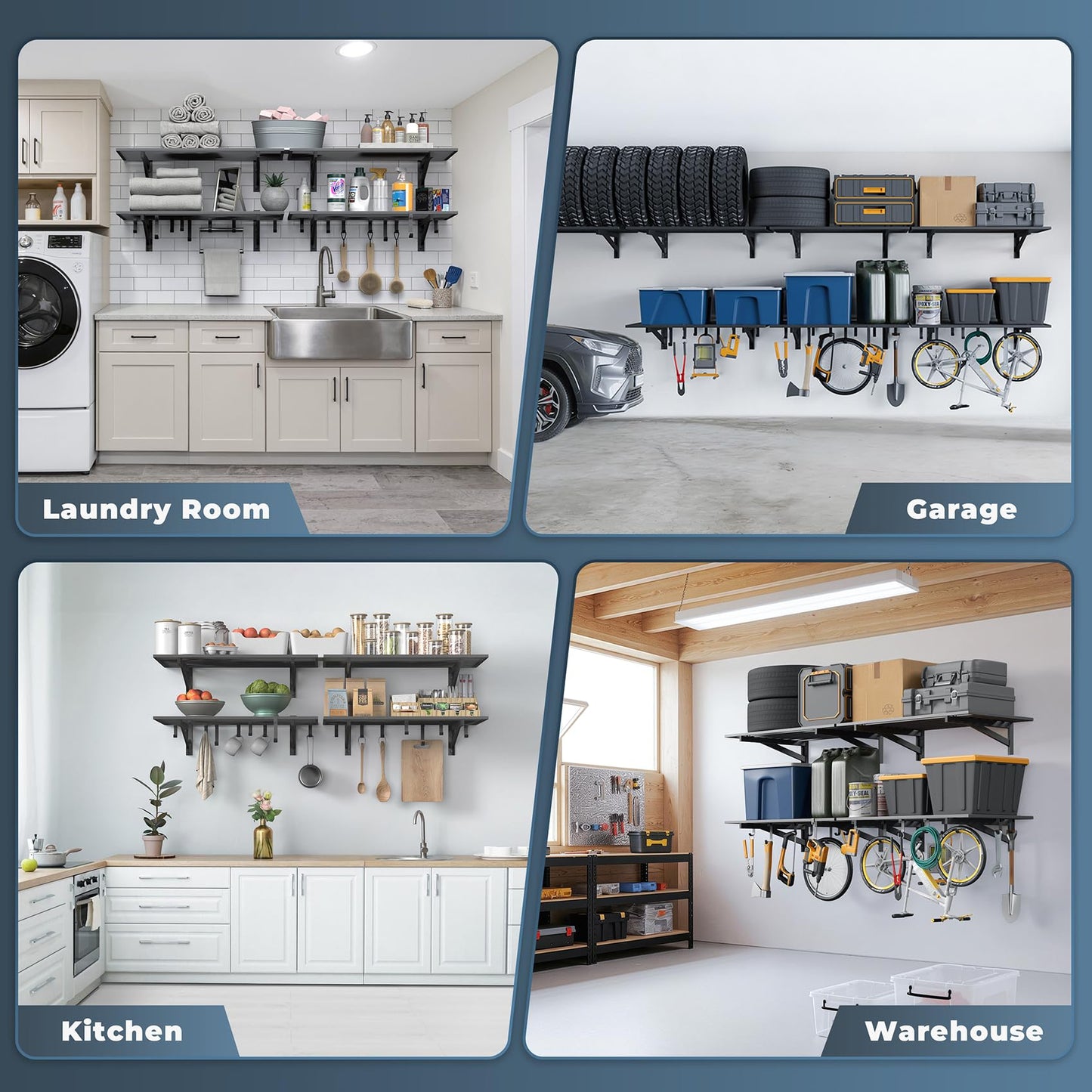 Jusgym 4-Pack 2x3ft Garage Shelving Wall Mounted, 2' x 3' Heavy Duty Garage Storage Shelves with Hooks, 1000LB Capacity