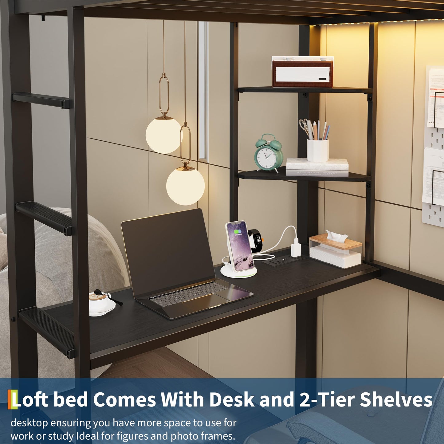 Twin Size Loft Bed with Desk, 4 Large Fabric Drawers and Open Shelves, Heavy Duty Metal Loft Bed with LED Lights, Power Outlets, Safety Guardrails & Ladder, Space Saving, No Box Spring Needed, Black