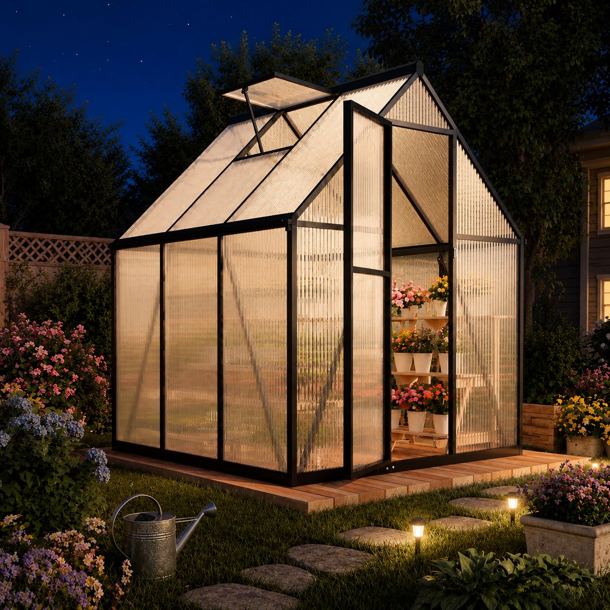 Jiliusure 6x6FT Greenhouse for Outdoors, Polycarbonate Greenhouse with Quick Setup Structure and Roof Vent, Aluminum Walk-in Green Houses for Outside Garden Backyard, Charcoal Black
