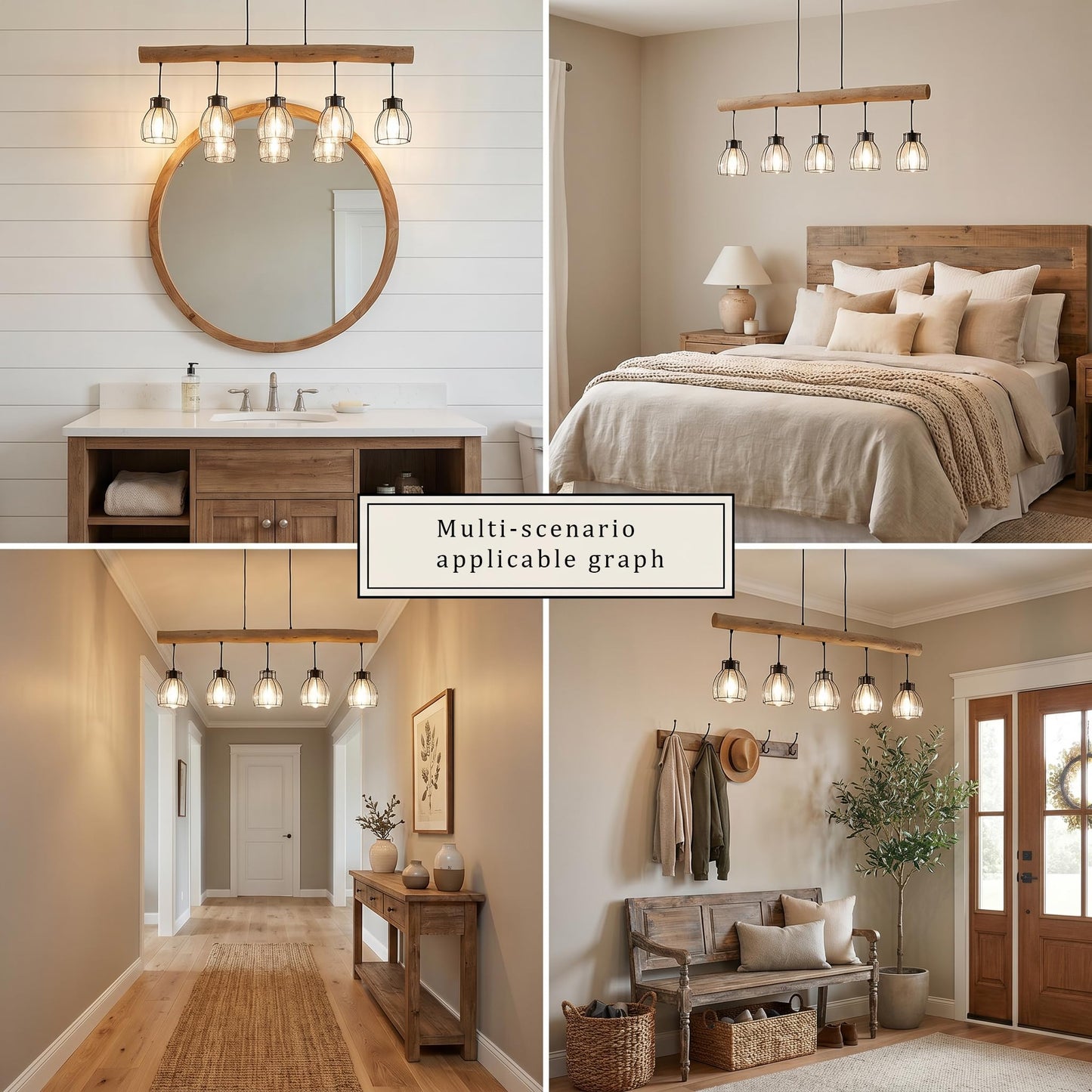 5-Light Farmhouse Kitchen Island Lighting with Glass Lampshade, Dining Room Light Fixtures Over Table, Wood Vintage Ceiling Chandelier for Living Room, Black