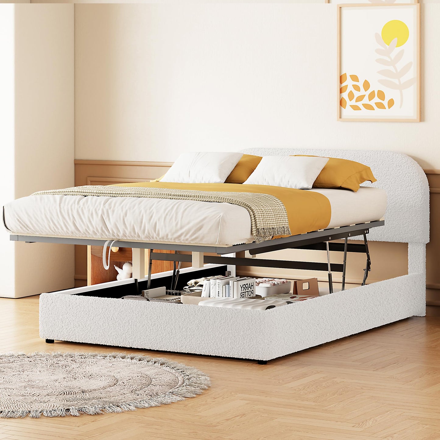 Merax Teddy Fleece Full Size Upholstered Platform Bed with Hydraulic Storage System,Curved Headboard,Hidden Lift-Up Storage Compartment,No Box Spring Needed for Bedroom,Guest Room,White