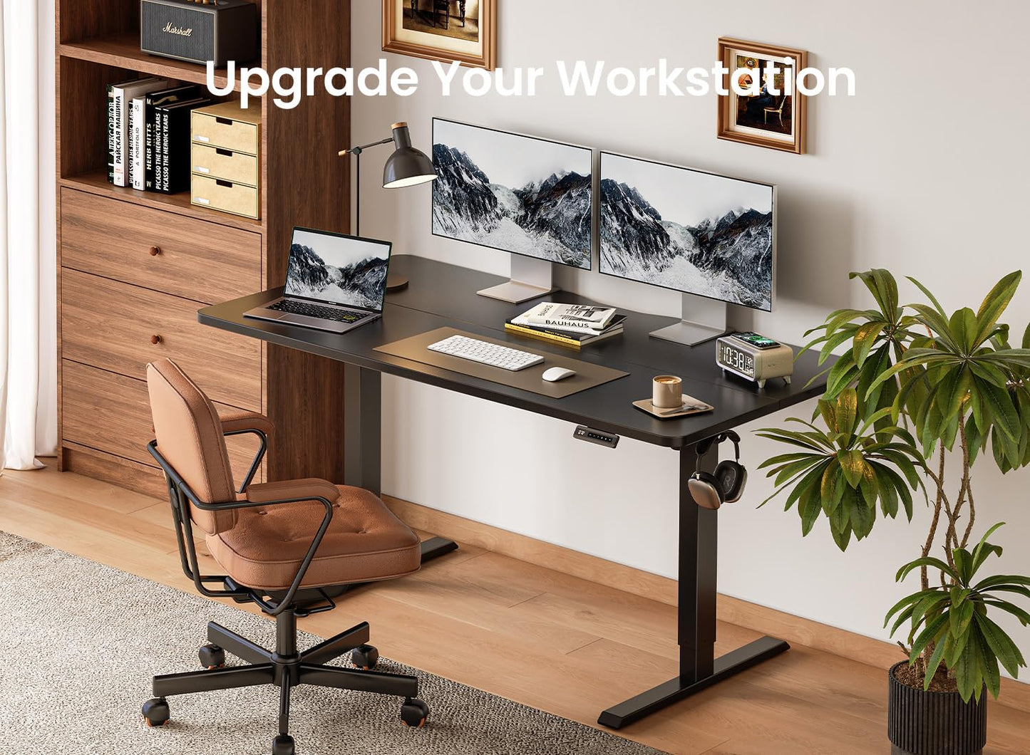 BANTI 55 × 28 Inches Standing Desk, Ergonomic, Electric Height Adjustable, Sit and Stand Up, Computer Desk with a Deeper Desktop, Black Frame/Black Top