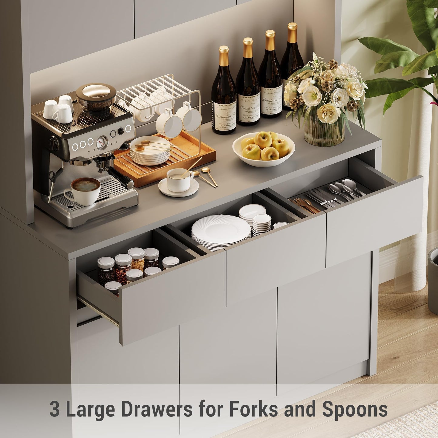 71" Kitchen Pantry Cabinet,Tall Storage Cabinet with Doors & Shelves Adjustable, Kitchen Storage Hutch with Microwave Shelf,Coffee Bar,Led Lights&Charging Station,Corner Pantry Cabinet for Living Room