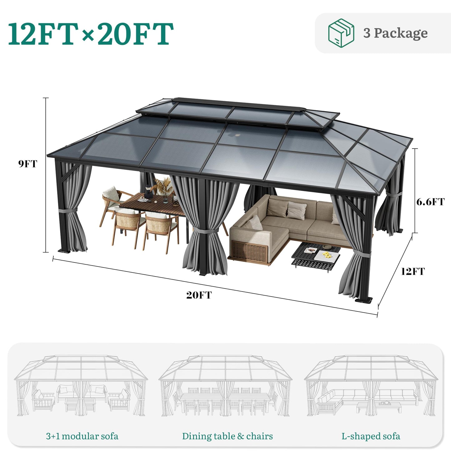 YITAHOME 12x20FT Gazebo Polycarbonate Hardtop Double Roof Canopy Outdoor with Netting and Shaded Curtains, Metal Frame Garden Tent for Patio, Backyard, Deck and Lawns, Grey