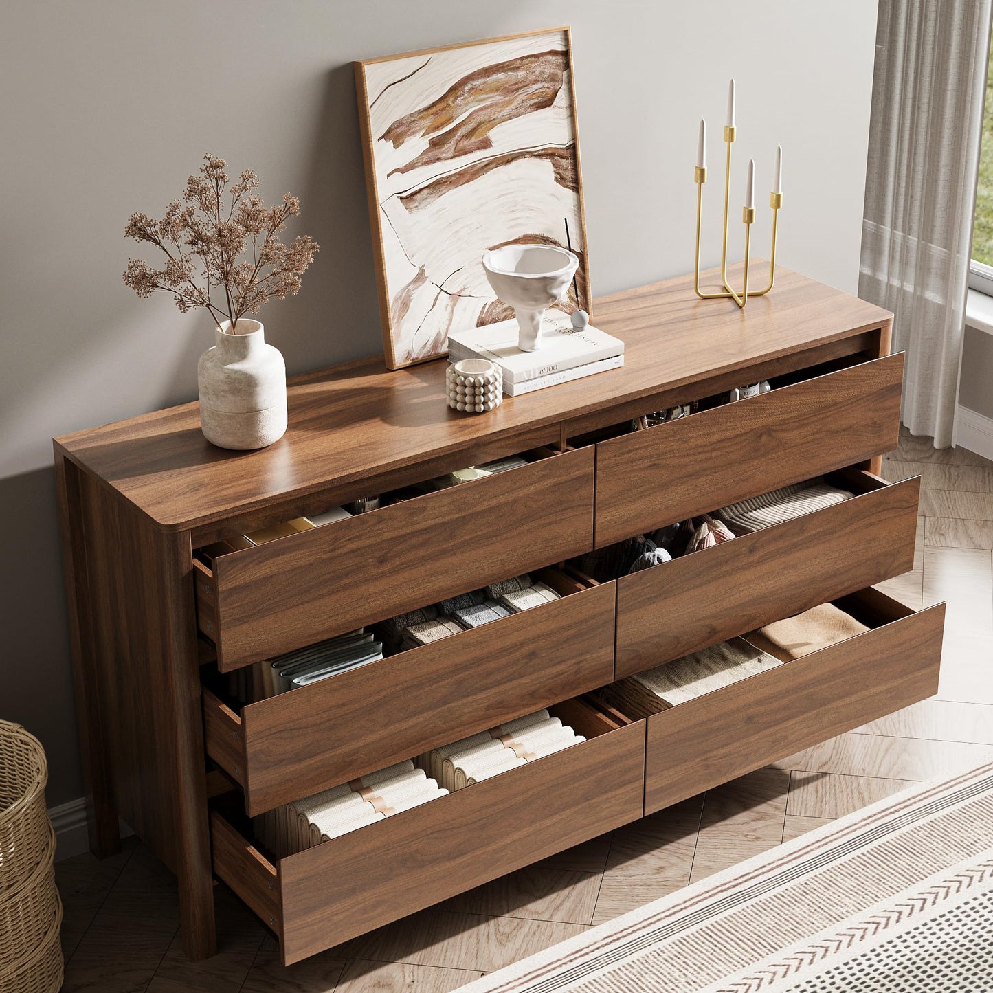 MAISONARIA Walnut Dresser for Bedroom, 55.1" Wide Dresser with 6 Drawers and Hidden Handles, Modern Wood Chest of Drawers for Clothes and Accessories, Stylish Storage Cabinet for Living Room, Entryway