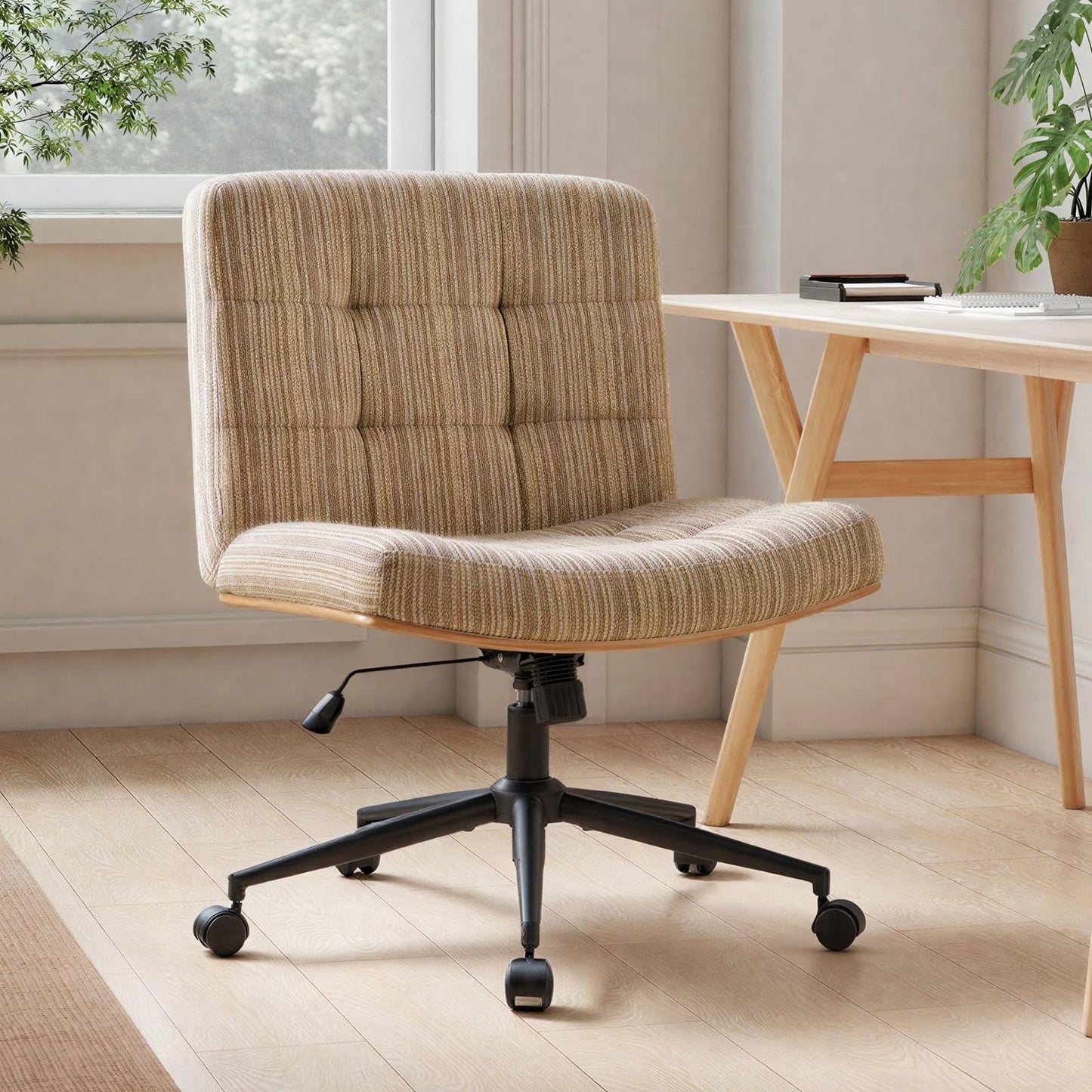 Furnimart Heavy-Duty Curved FSC Wood Desk Chair 360° Swivel, Premium Chenille Criss Cross Chair with Wheels Wide Seat, Comfy Armless Cross Legged Sitting for Bedroom, Office, Vanity (Light Brown)