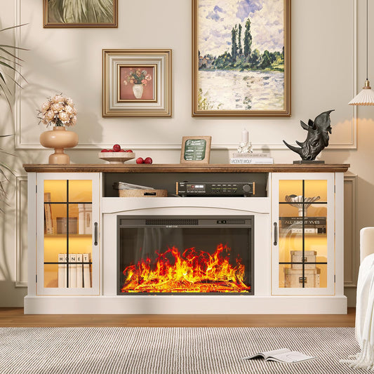 OneBlis 2-in-1 Multifunctional Fireplace TV Stand with 30" Removable Electric Fireplace, 70" Farmhouse Entertainment Center, Media Console Table with Large Storage Cabinets, for Living Room, White