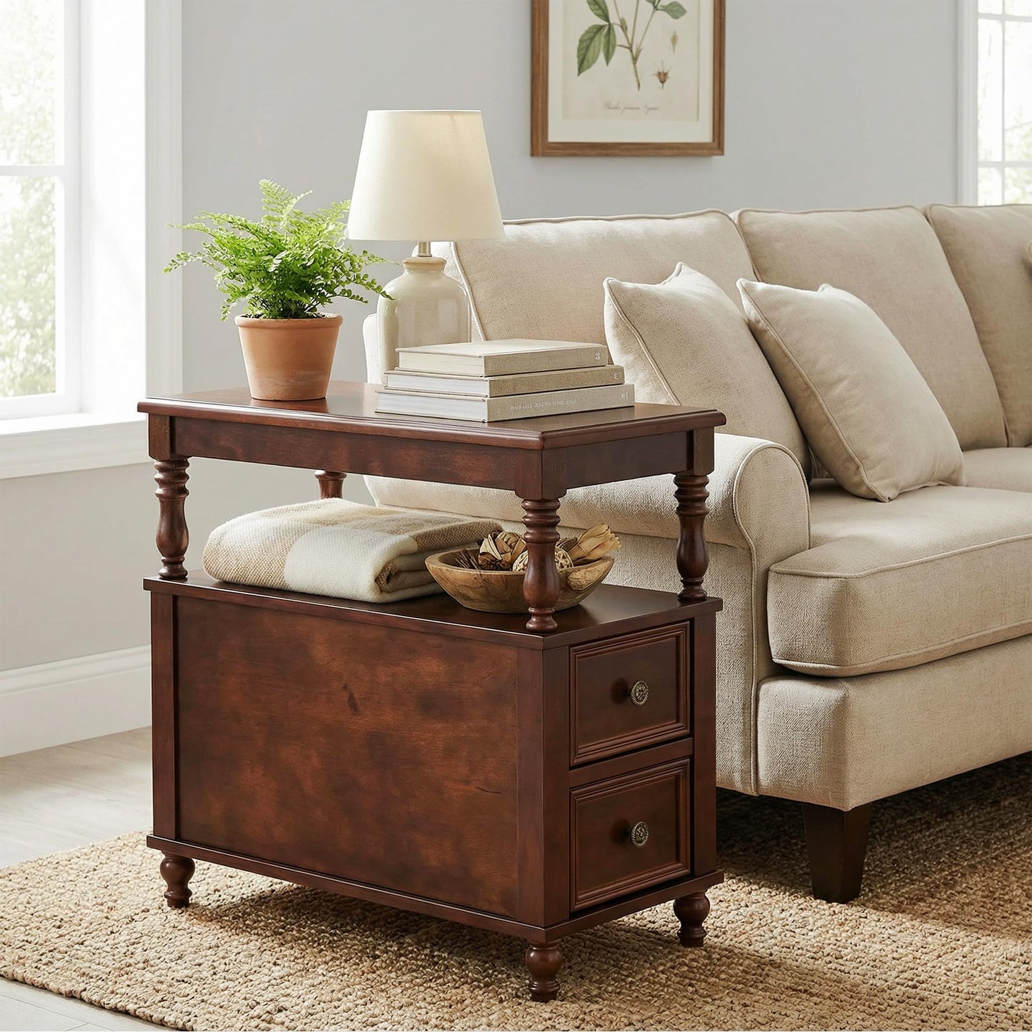 Tribesigns Cherry Finish Wood End Table with 2 Drawers, Mid-Century Wooden Slim Side Table Nightstands with Storage Shelf, Accent Table for Living Room, Easy to Assemble