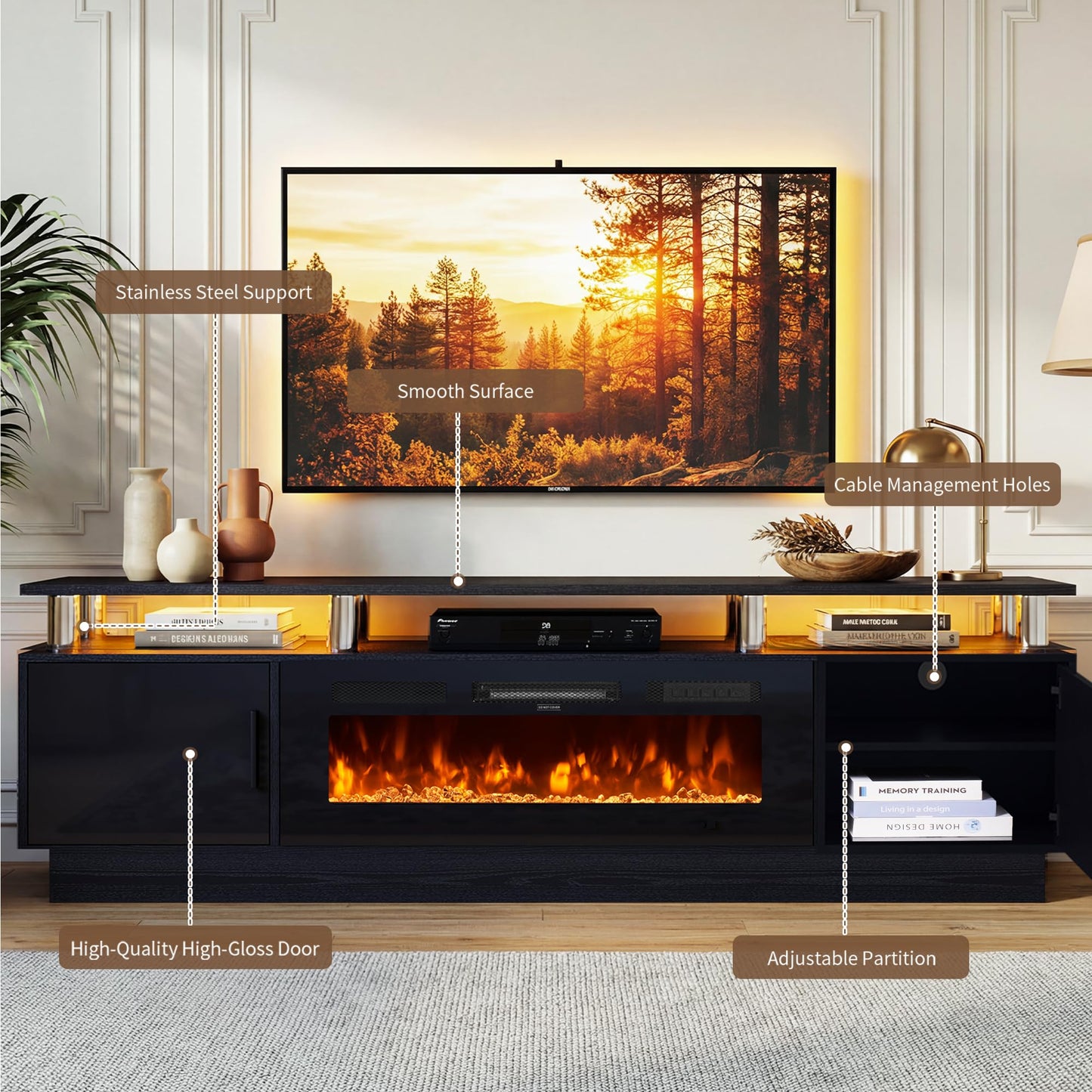 OneBlis 80" Fireplace TV Stand for TVs UP to 90", Electric Fireplace Entertainment Center with LED Lights & Storage Cabinets, TV Console for Living Room, Office, Black-Black
