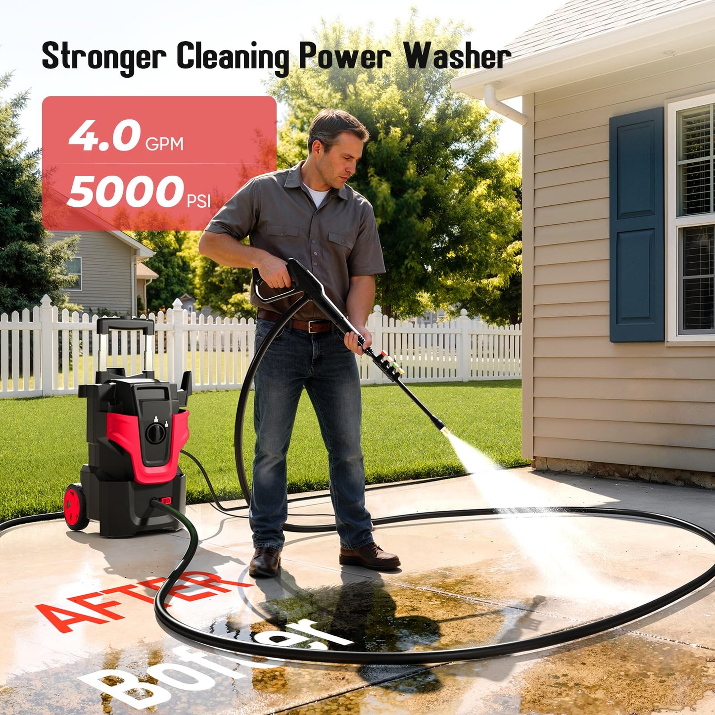5000PSI Heavy Duty Pressure Washer, 3-Speed Adjustable Power Washer with 2-Stage Pull Rod, 4 Nozzles, Foam Cannon & 500ml Soap Bottle for Car, Home & Outdoor Cleaning,Red
