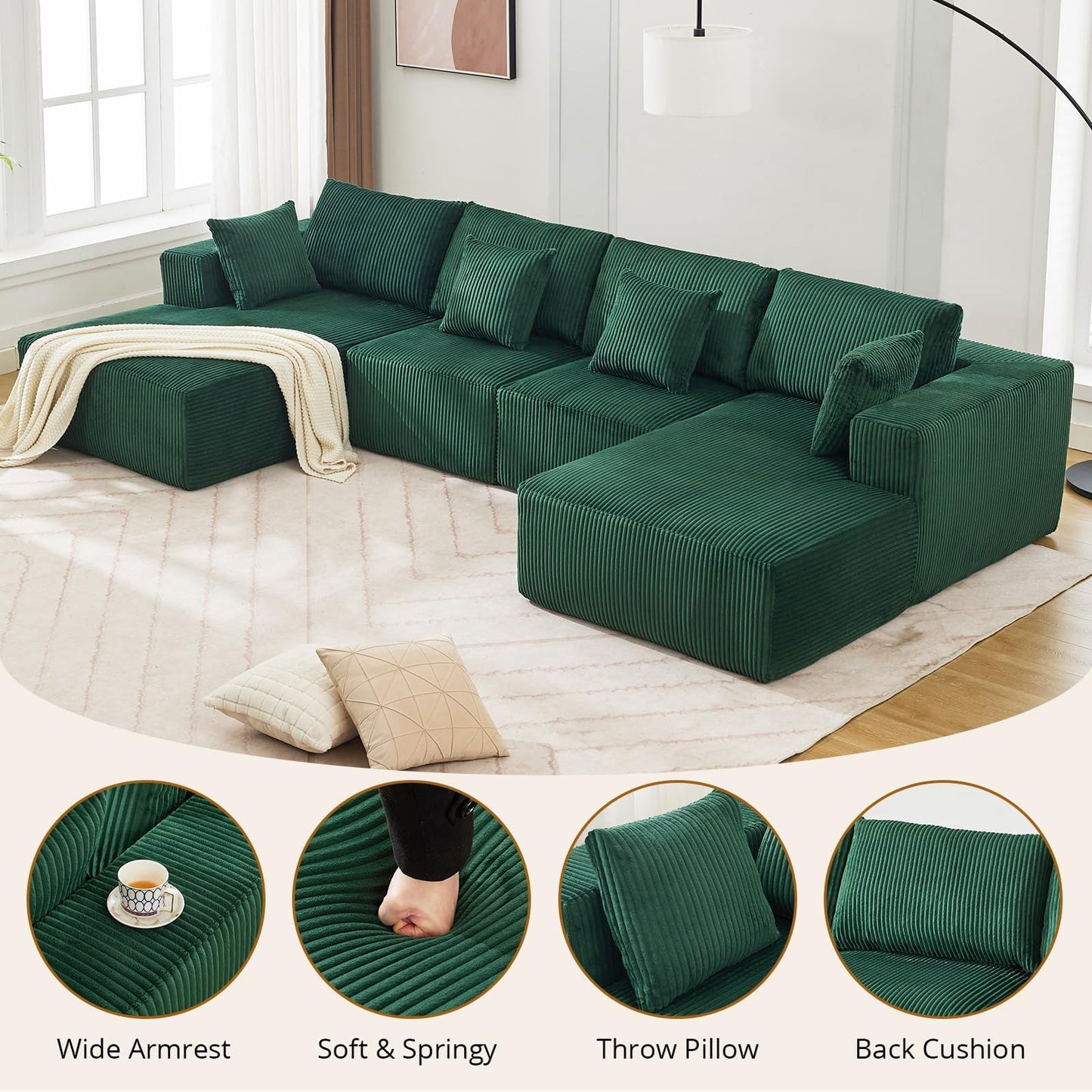 137" Modular Sectional Sofa, U-Shape Cloud Couch with Chaise, Deep Seat, Armrests and Plush Corduroy Fabric, No Assembly Required, Boneless Compression Sectional Couch for Living Room, Green
