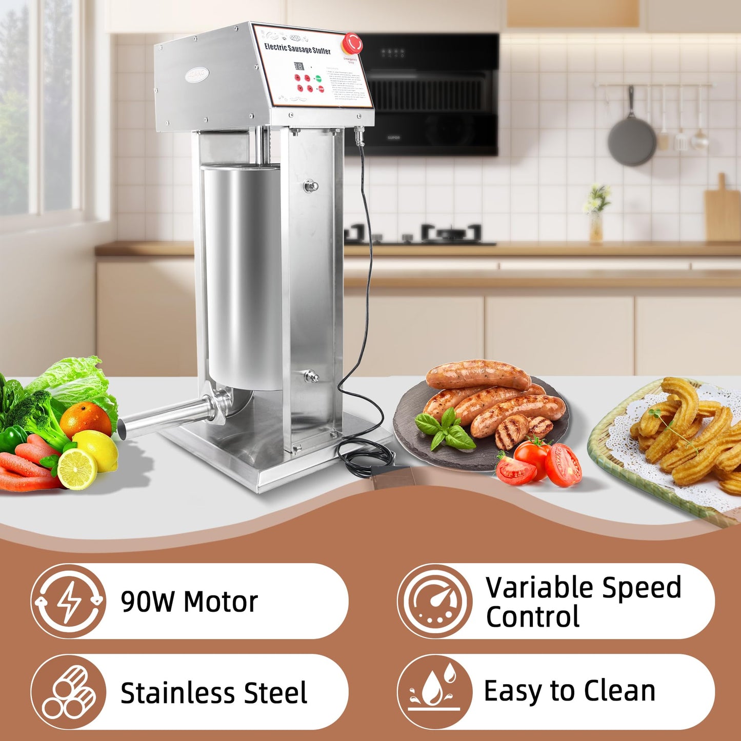 Hakka 30LB Electric Sausage Stuffer, Stainless Steel Electric Sausage Makers and Churro Makers Commercial Sausage Filling Machine with 5 Stuffing Tubes 4 Churros Making Parts