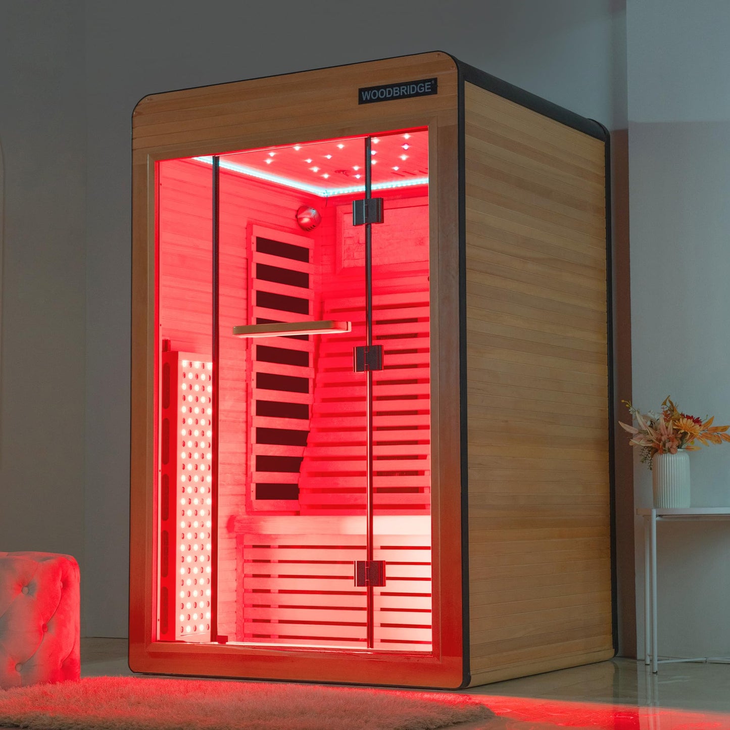 Woodbridge Infrared Home Sauna Room 2 Person Hemlock Wooden Indoor Sauna,7 Carbon 2230W/120V Heaters,with Led Color Therapy Light,Bluetooth Speaker,Tempered Glass,Touch-Tone Keypad and A Top Vent