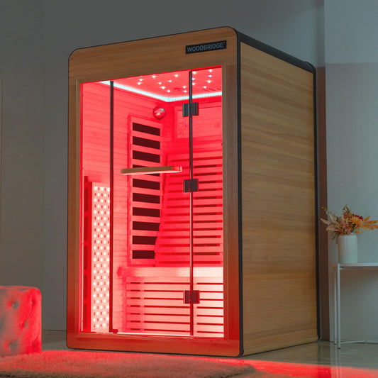 Woodbridge Infrared Home Sauna Room 2 Person Hemlock Wooden Indoor Sauna,7 Carbon 2230W/120V Heaters,with Led Color Therapy Light,Bluetooth Speaker,Tempered Glass,Touch-Tone Keypad and A Top Vent