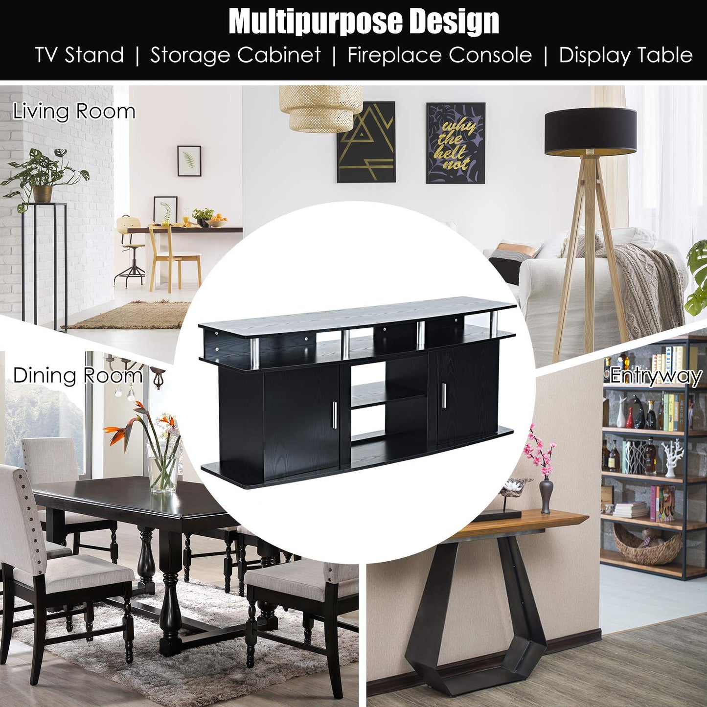 Tangkula Modern TV Stand for TVs up to 70 Inches, Living Room Console Table w/2 Cabinets & Open Shelves, Media Entertainment Center for 18 Inches Electric Fireplace (Not Included) (Black)