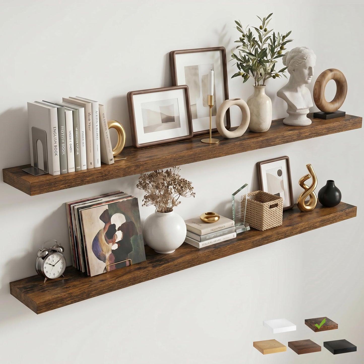 FLYJOE Floating Shelves for Wall, 72 Inch Floating Shelves Set of 2, 8" D Wooden Wall Mounted Display Shelves with Invisible Brackets for Living Room, Bedroom, Bathroom, Kitchen Decor, Brown